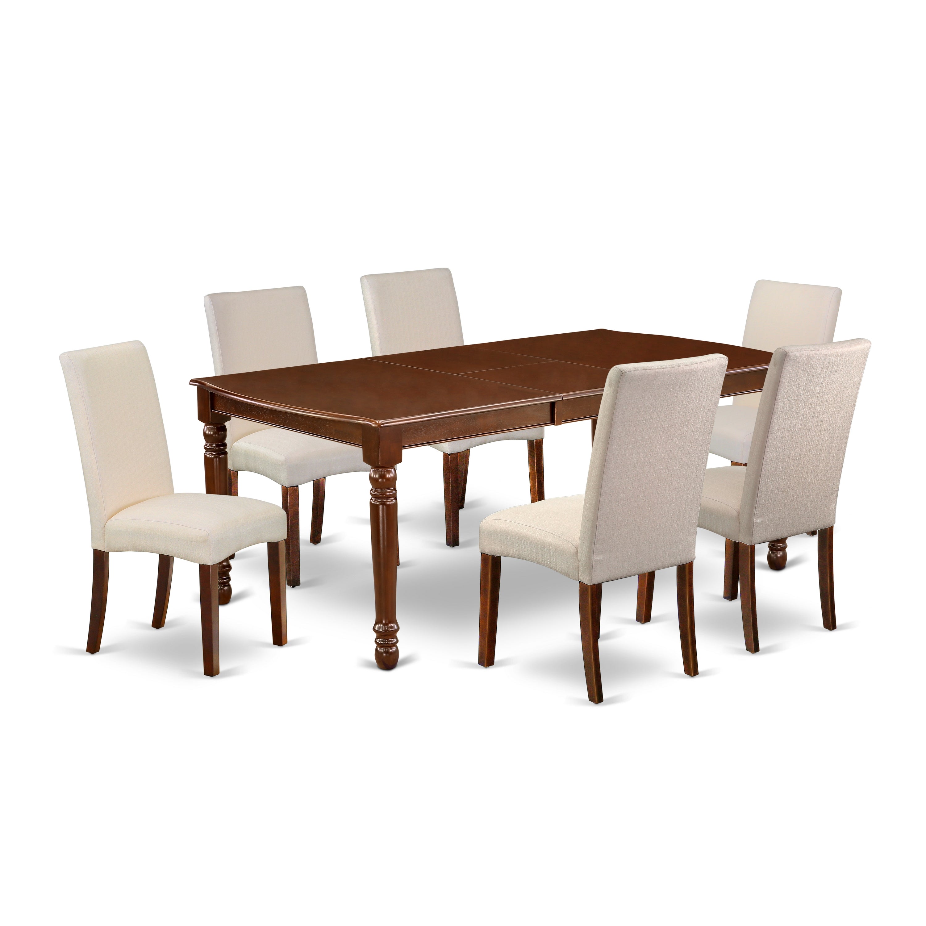 DODR7-MAH-01 7Pc Rectangle 60/78 Inch Table With 18 In Leaf And 6 Parson Chair With Mahogany Finish Leg And Linen Fabric- Cream Color