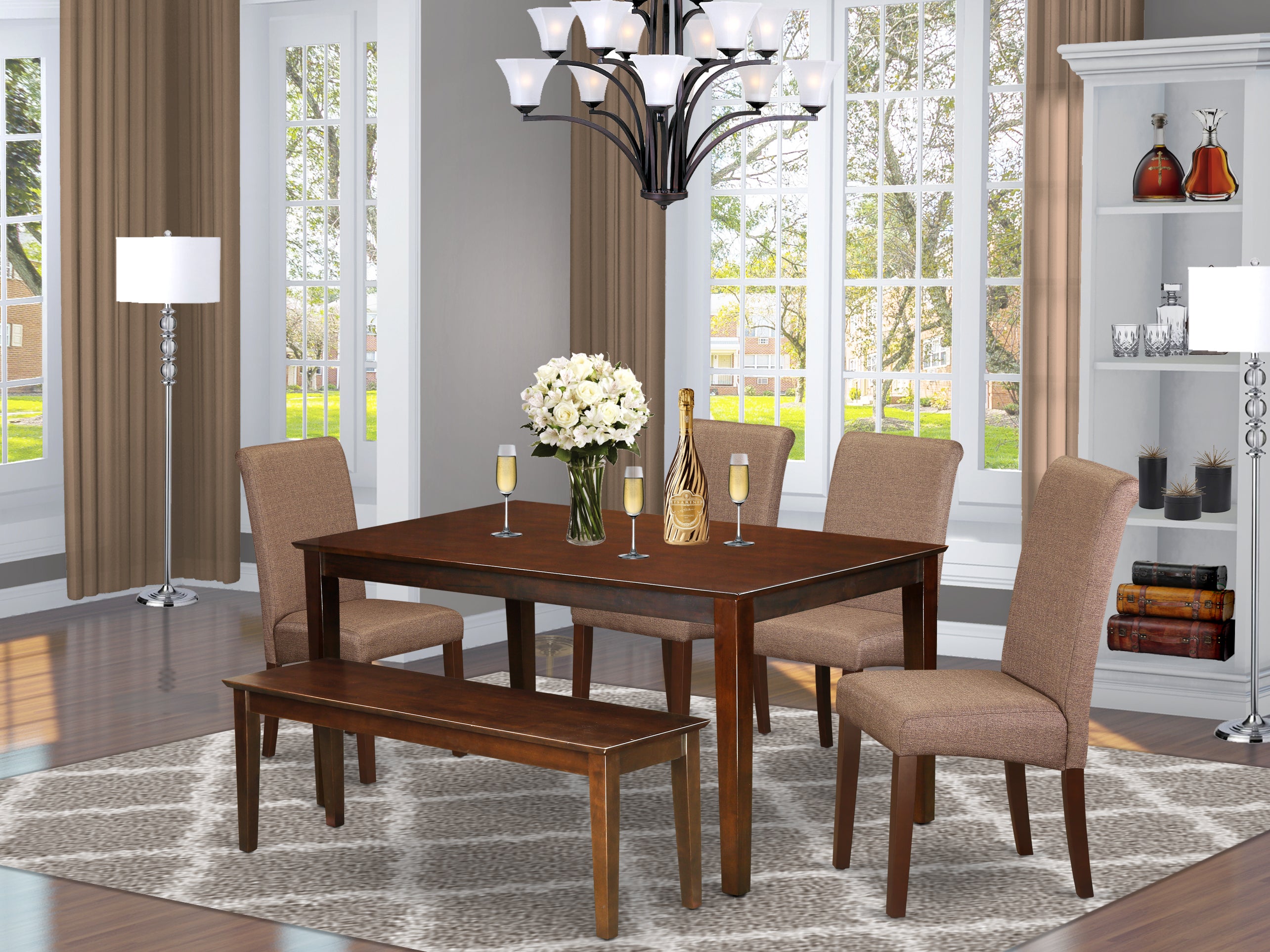 CABA6-MAH-18 6Pc Kitchen table with linen brown fabric dining chairs plus one bench