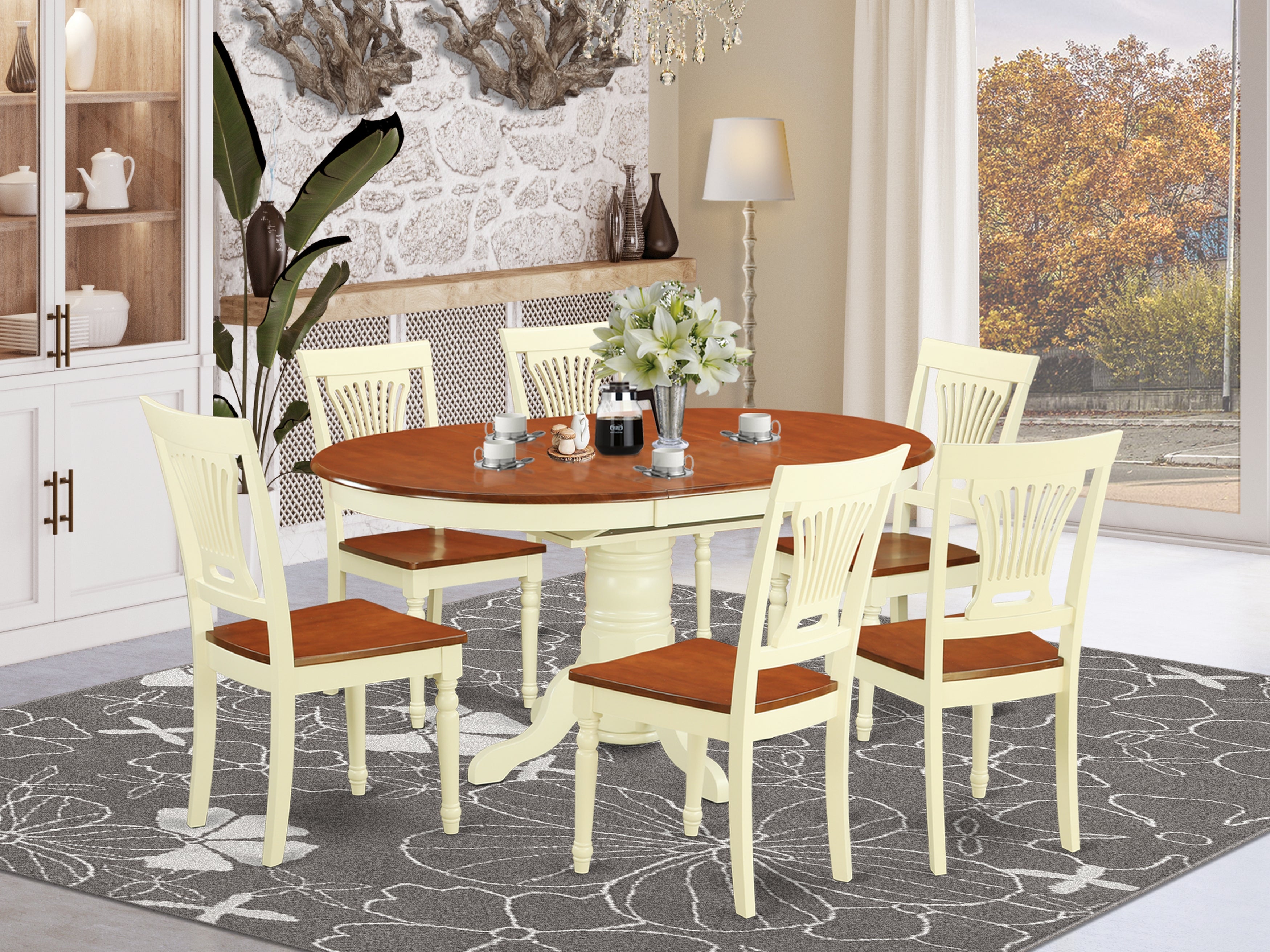 AVPL7-WHI-W 7 Pc set Dinette Table featuring Leaf and 6 Wood Dinette Chairs in Buttermilk and Cherry