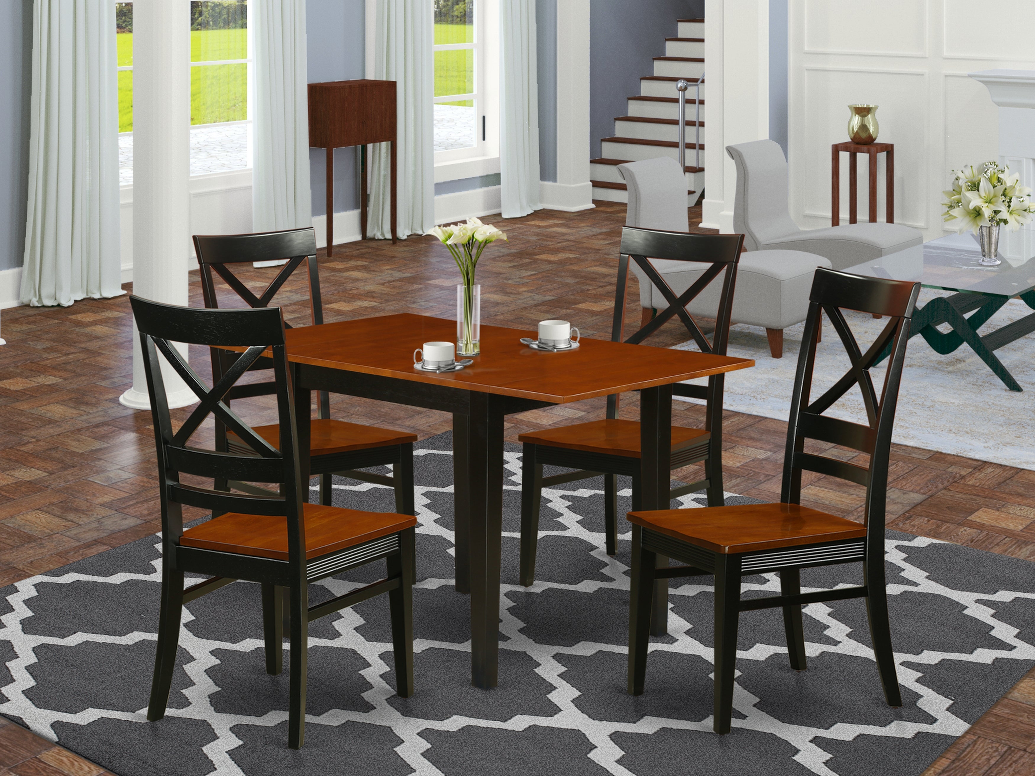 East West Furniture NDQU5-BCH-W, 5Pc Dinette Set for Small Spaces Offers a Wood Dining Table and 4 Dining Chairs with Solid Wood Seat and X Back, Black and Cherry Finish