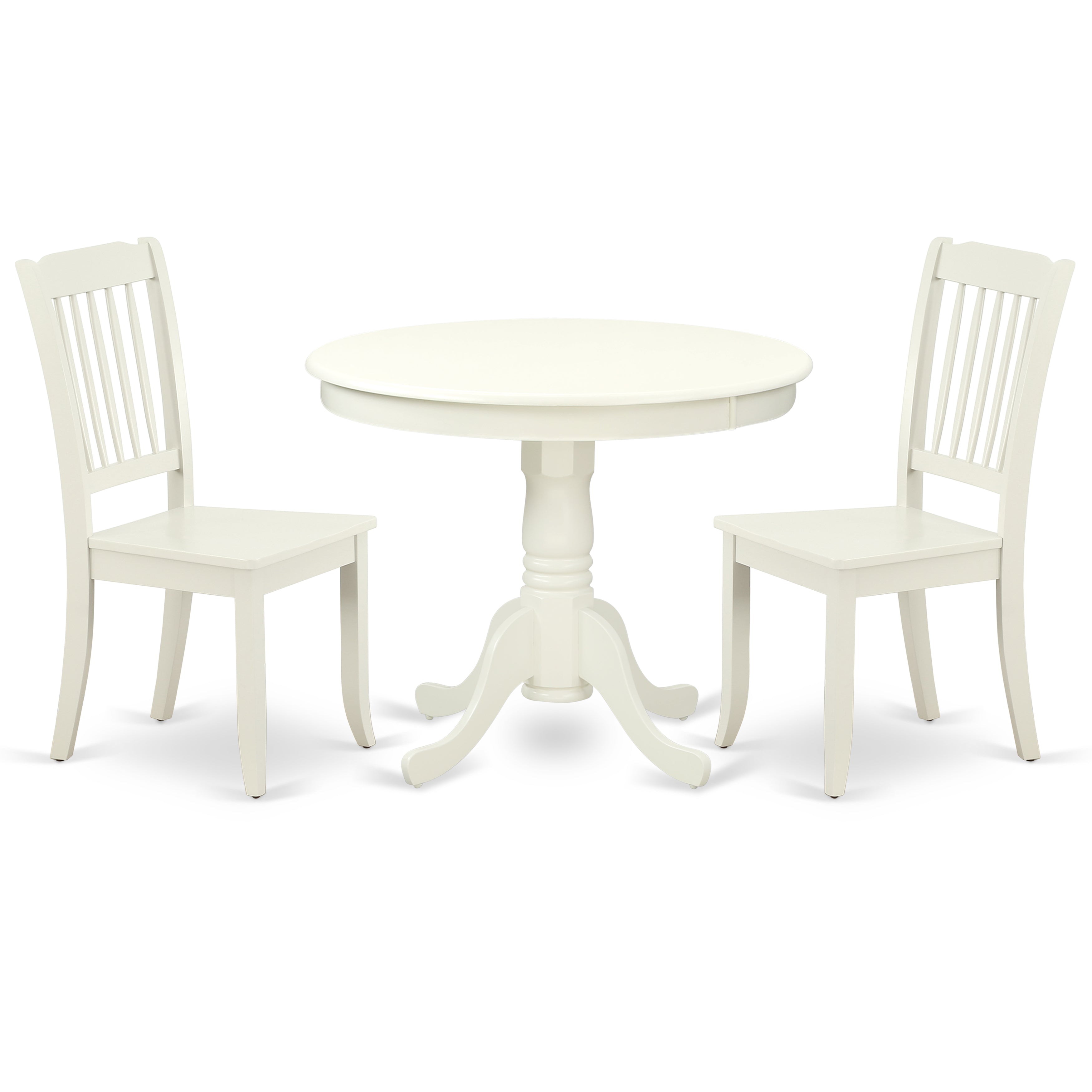 ANDA3-LWH-W 3PC Round 36 inch Table and 2 vertical slatted Chairs