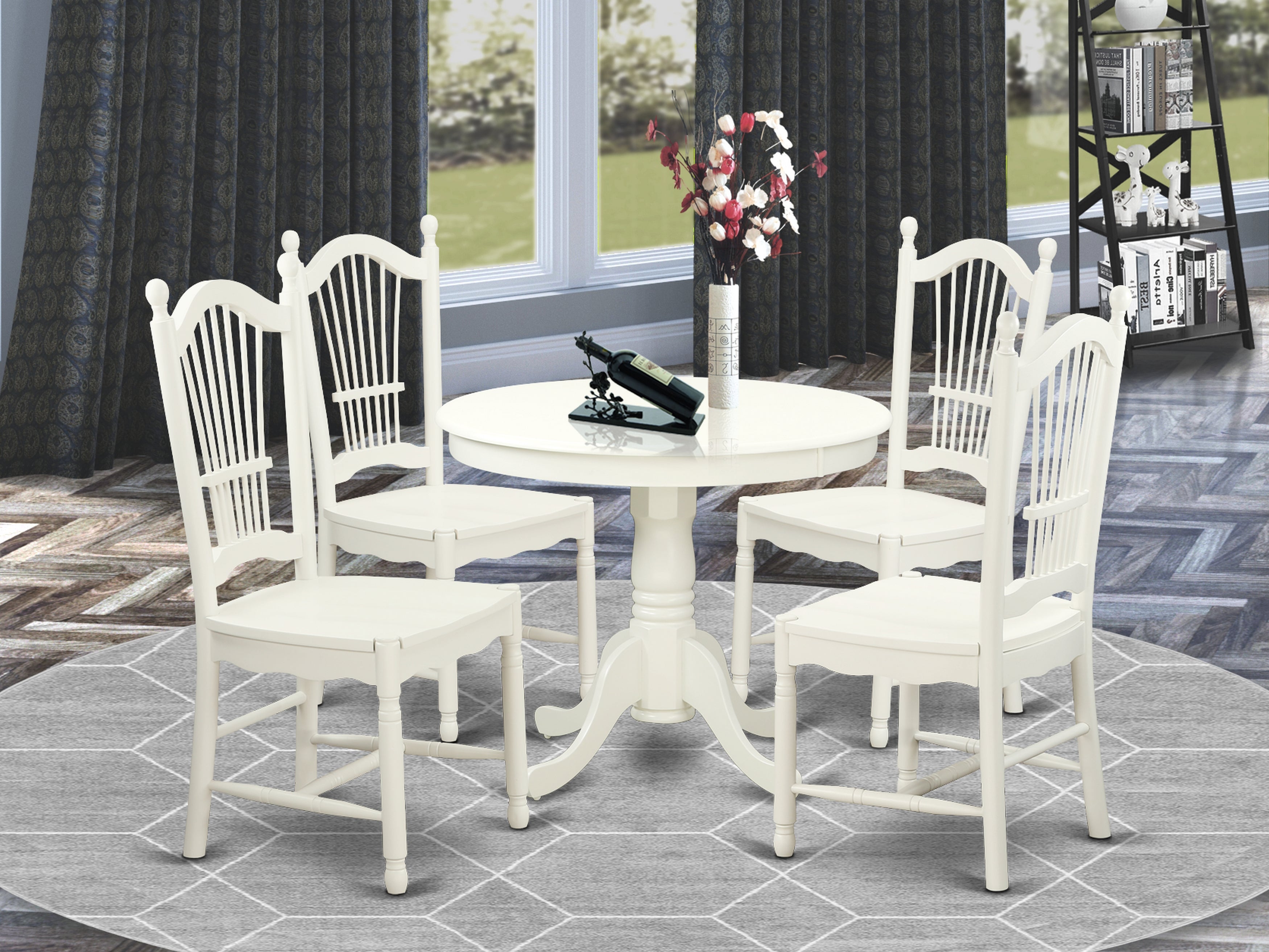 andO5-LWH-W 5 Pc set with a Round Small Table and 4 Wood Dinette Chairss.