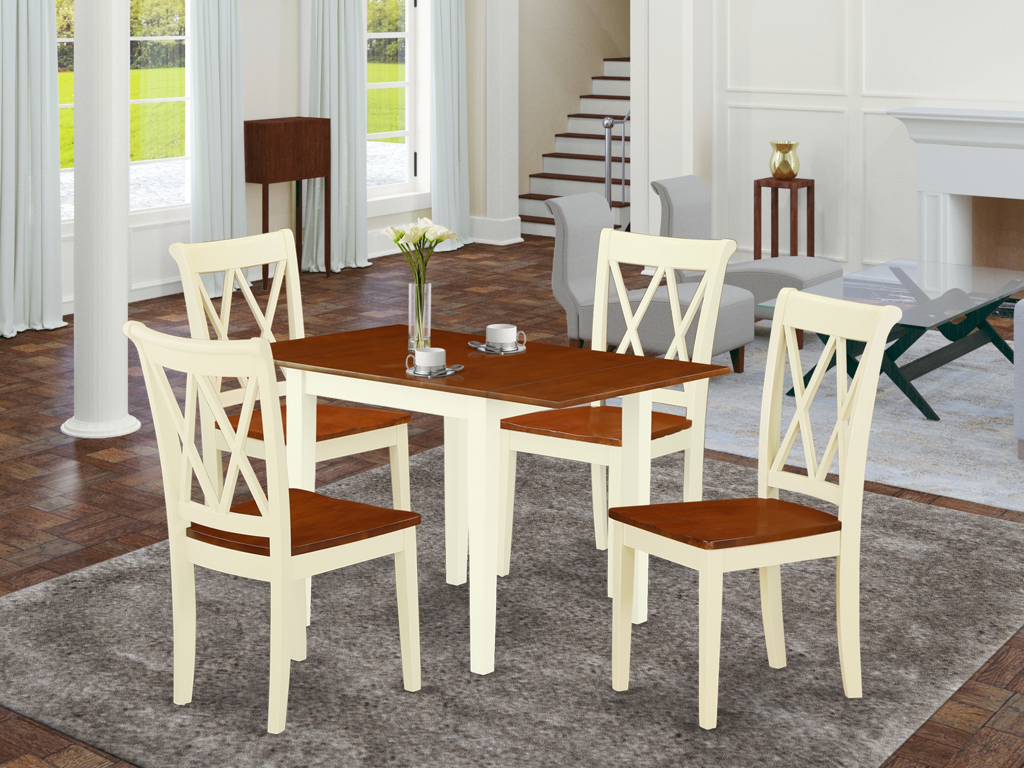 East West Furniture NDCL5-WHI-W Modern Dining Table Set 5 Pcs- 4 Brilliant Wood Chairs and an elegant Breakfast Table - Cherry Finish Hardwood Chair Seat and Table Top - Buttermilk Finish Hardwood Structure.