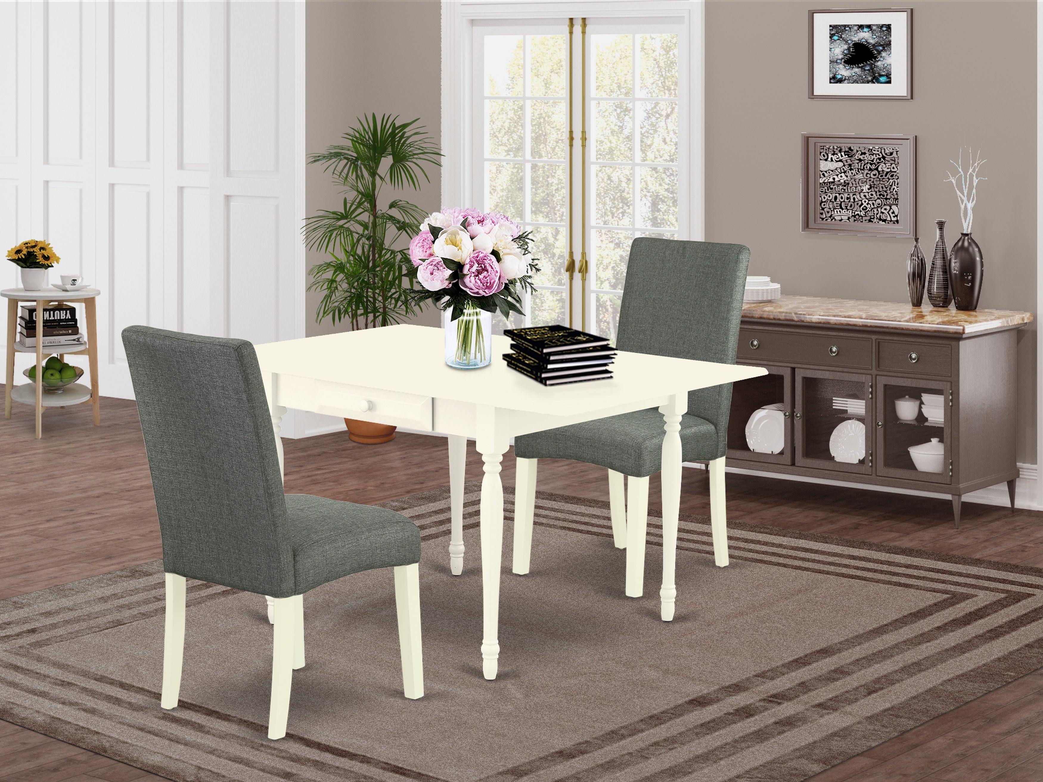 East West Furniture MZDR3-LWH-07 3Pc Dining Table Set Contains a Dining Table and 2 Upholstered Dining Chairs with Gray Color Linen Fabric, Drop Leaf Table with Full Back Chairs, Linen White Finish