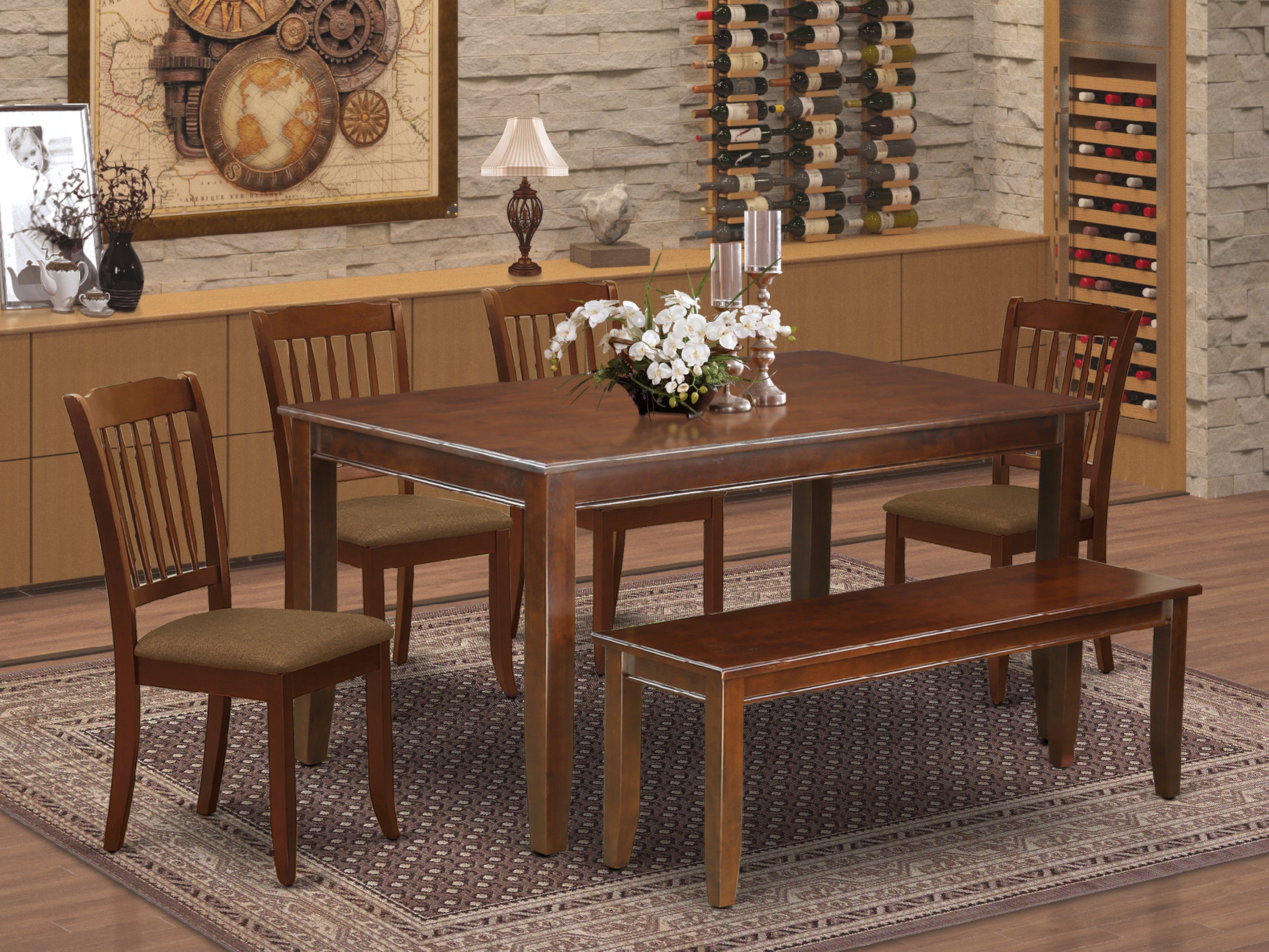 DUDA6-MAH-C 6Pc Dining Set Includes a Rectangle Dining Table, Four Vertical Slatted Microfiber Seat Kitchen Chairs and a Bench, Mahogany Finish