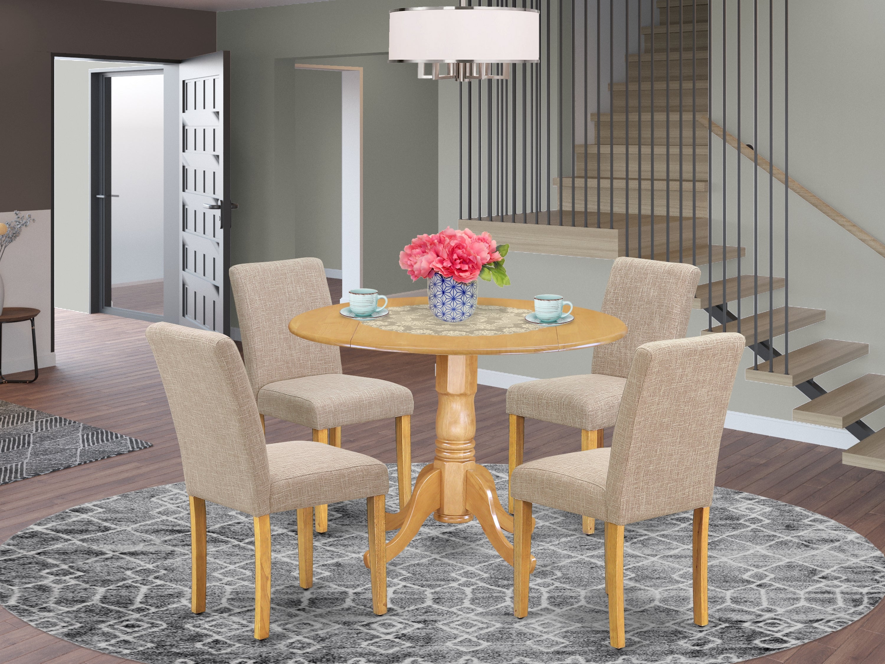 DLAB5-OAK-04 5Pc Round 42" Kitchen Table With Two 9-Inch Drop Leaves And Four Parson Chair With Oak Leg And Linen Fabric Light Fawn