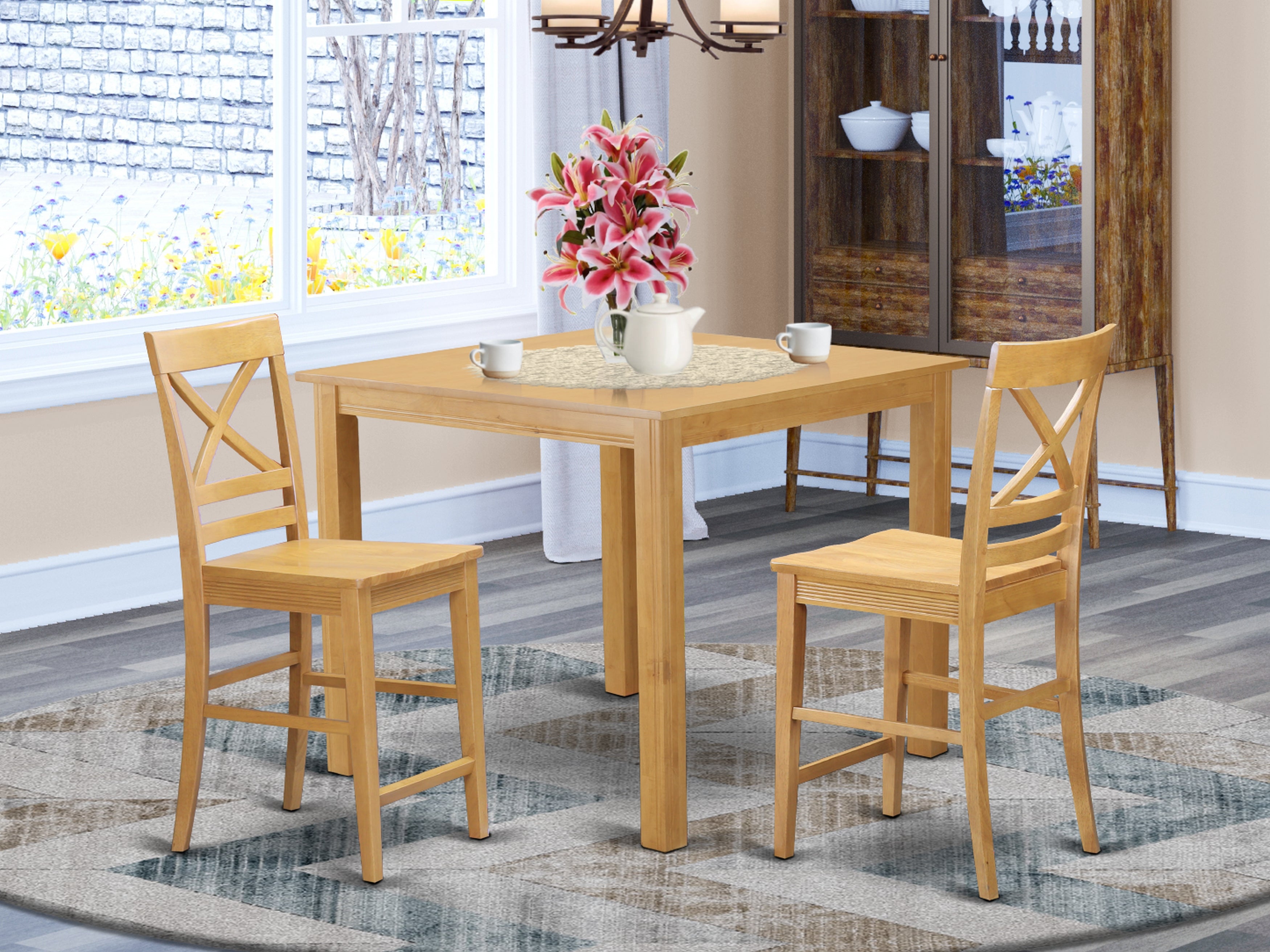 CFQU3-OAK-W 3 Pc counter height pub set - high top Table and 2 Kitchen Dining Chairs.