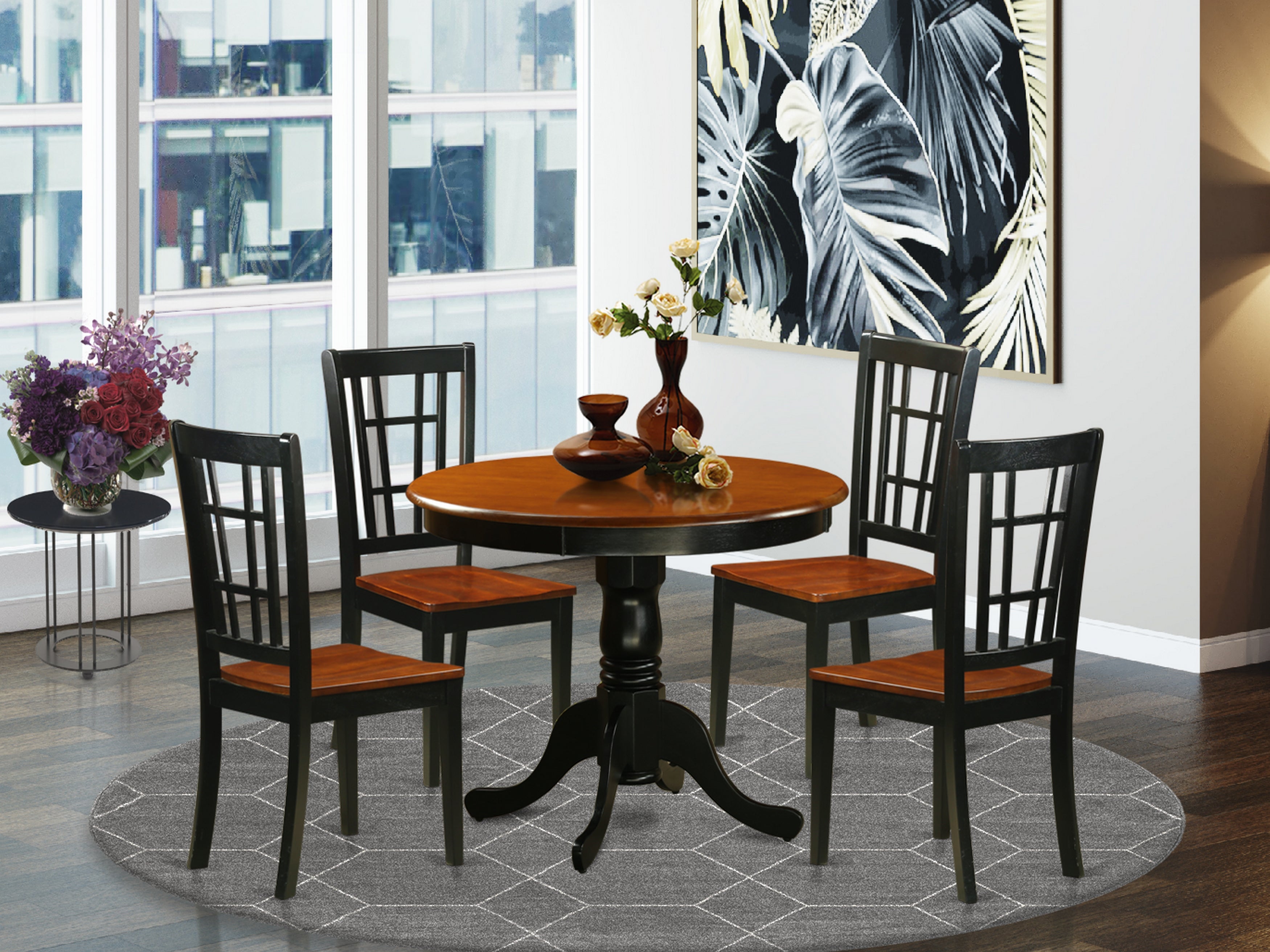 ANNI5-BLK-W 5 Pc Dining Table with 4 Wood Chairs in Black and Cherry