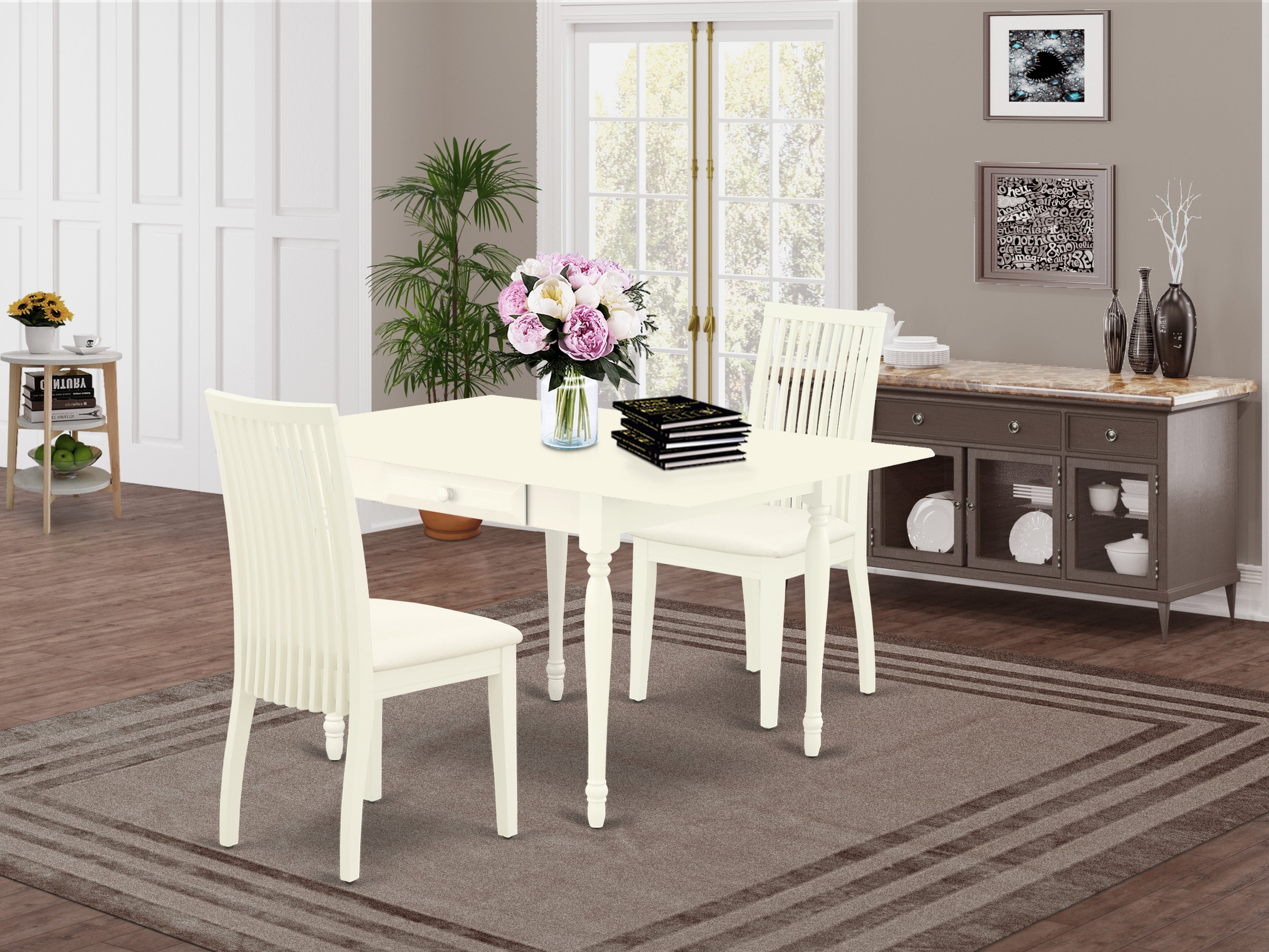 East West Furniture MZIP3-LWH-C 3 Pc Dining Room set - Strong Two 9-Inch Drop Down Leaves Real Wood Kitchen Table and 2 Microfiber Upholstery Seat Dining Chairs, Linen White Finish