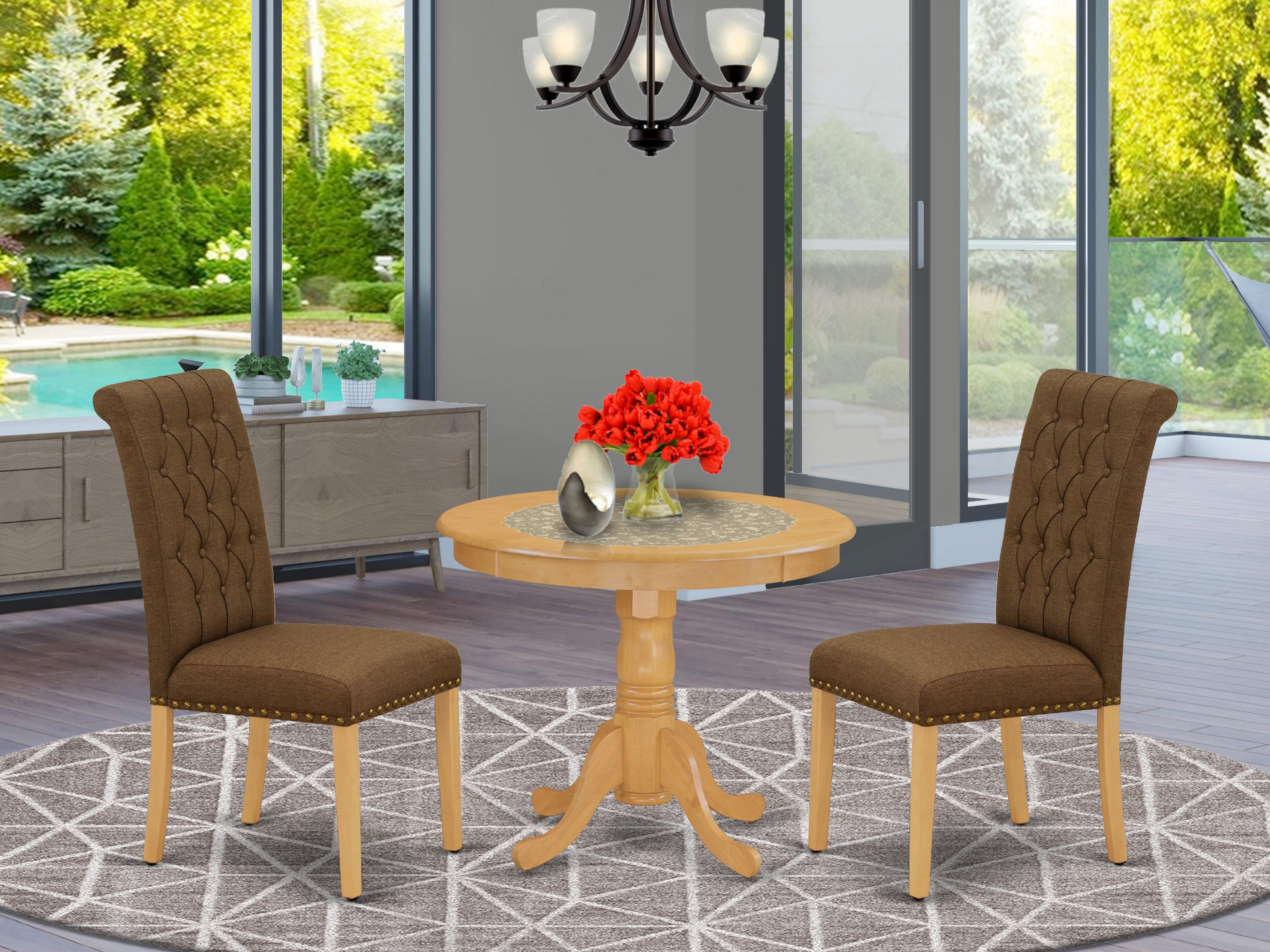 ANBR3-OAK-18 3Pc Dinette Set Includes a Small Rounded Kitchen Table and Two Parson Chairs with Dark Coffee Fabric, Oak Finish