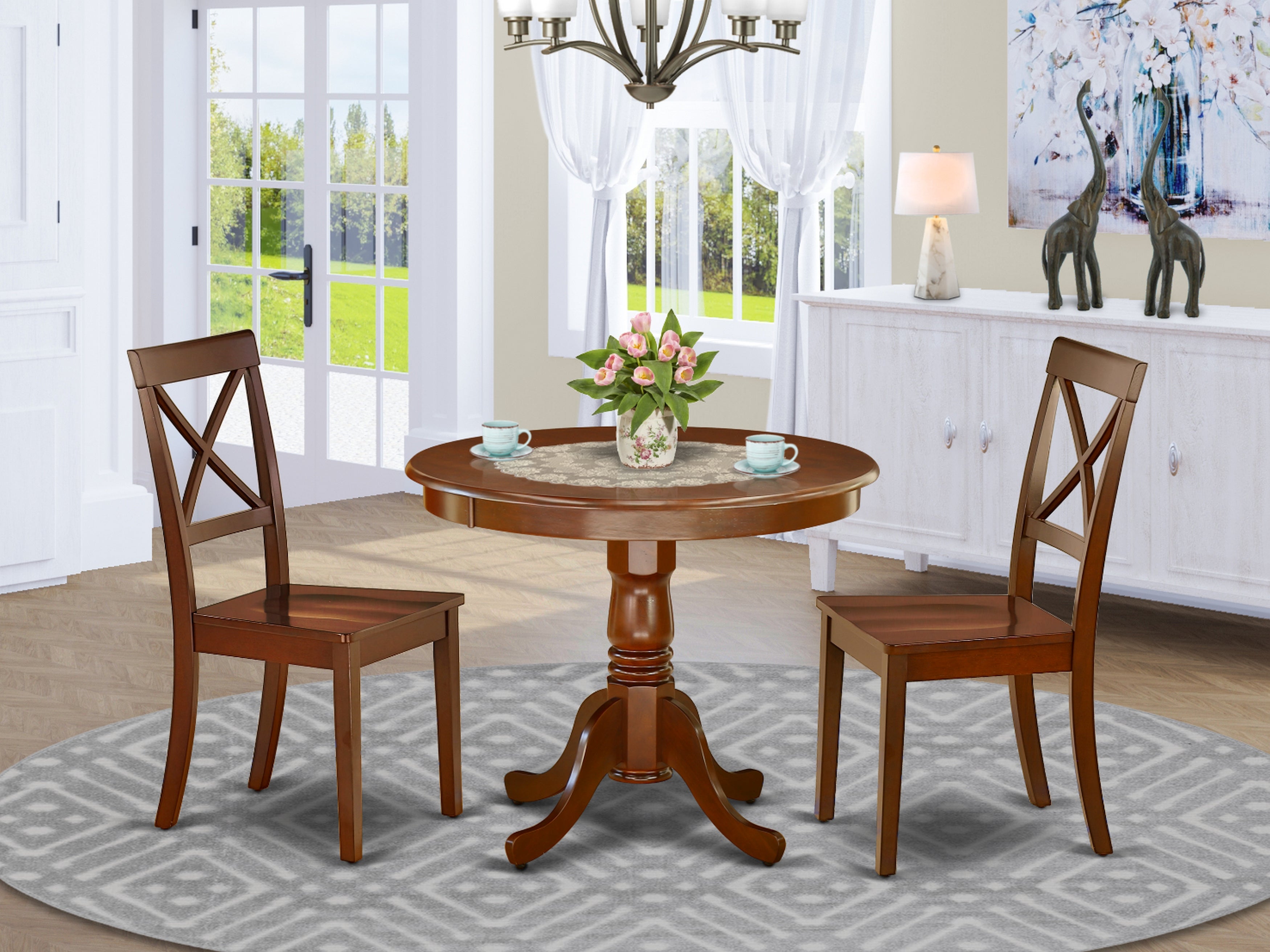 ANBO3-MAH-W 3Pc Round 36 Inch Dining Table And A Pair Of Wood Seat Kitchen Chairs