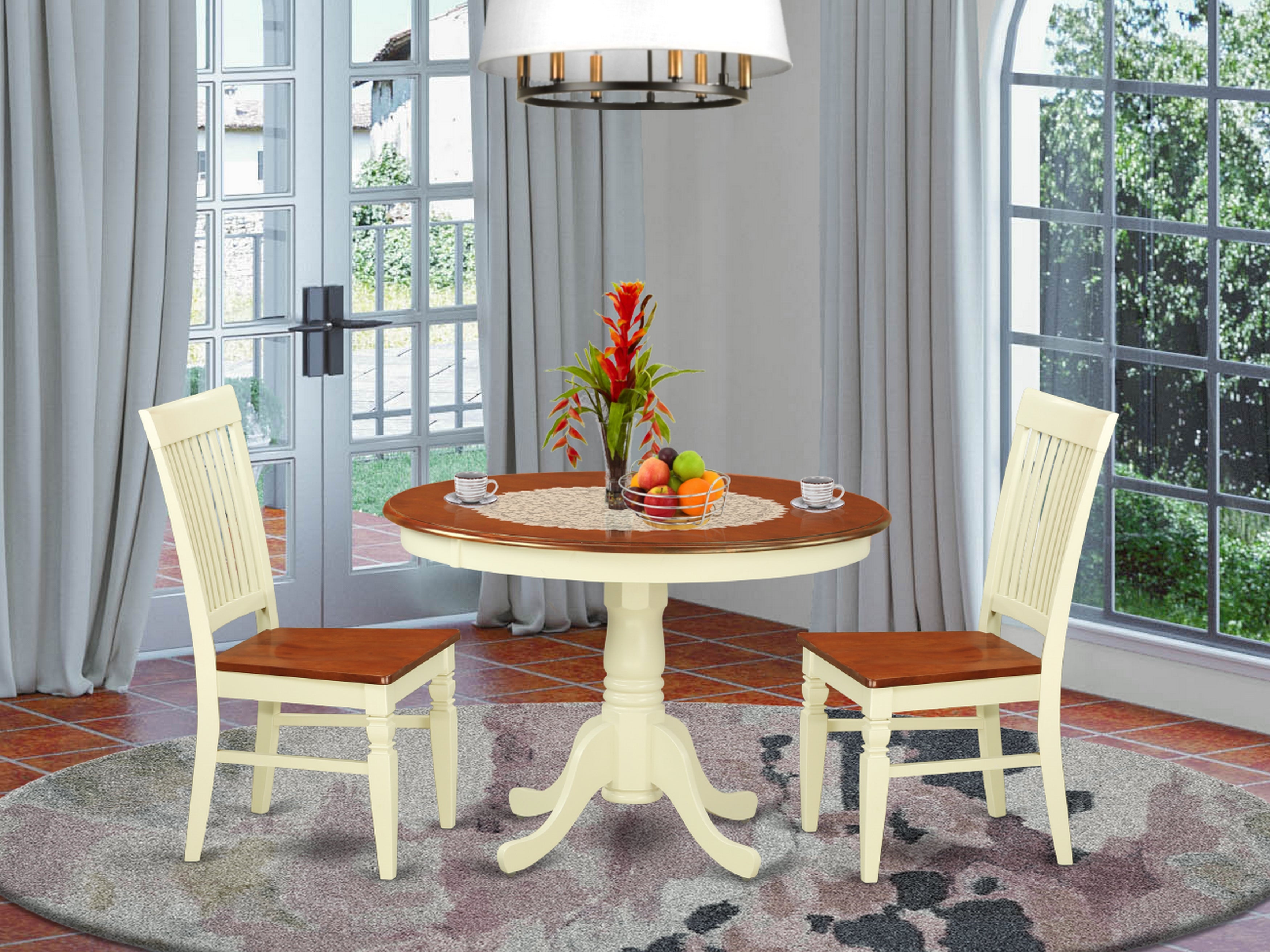 HLWE3-BMK-W 3 Pc Kitchen table set with a Kitchen Table and 2 Wood Seat Dining Chairs in Buttermilk and Cherry