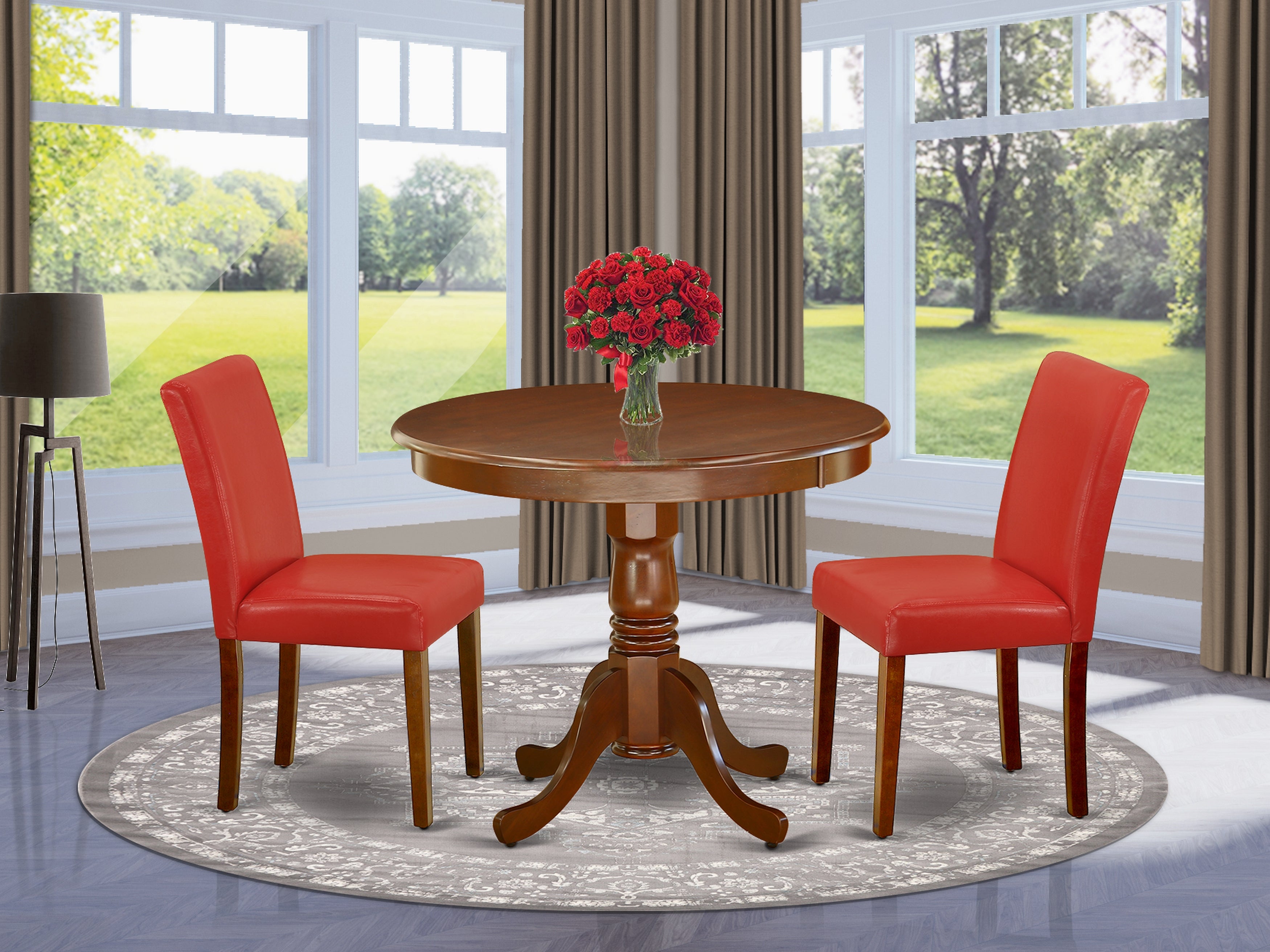 ANAB3-MAH-72 3Pc Rounded 36 Inch Dinette Table And Two Parson Chair With Mahogany Leg And Pu Leather Color Firebrick Red