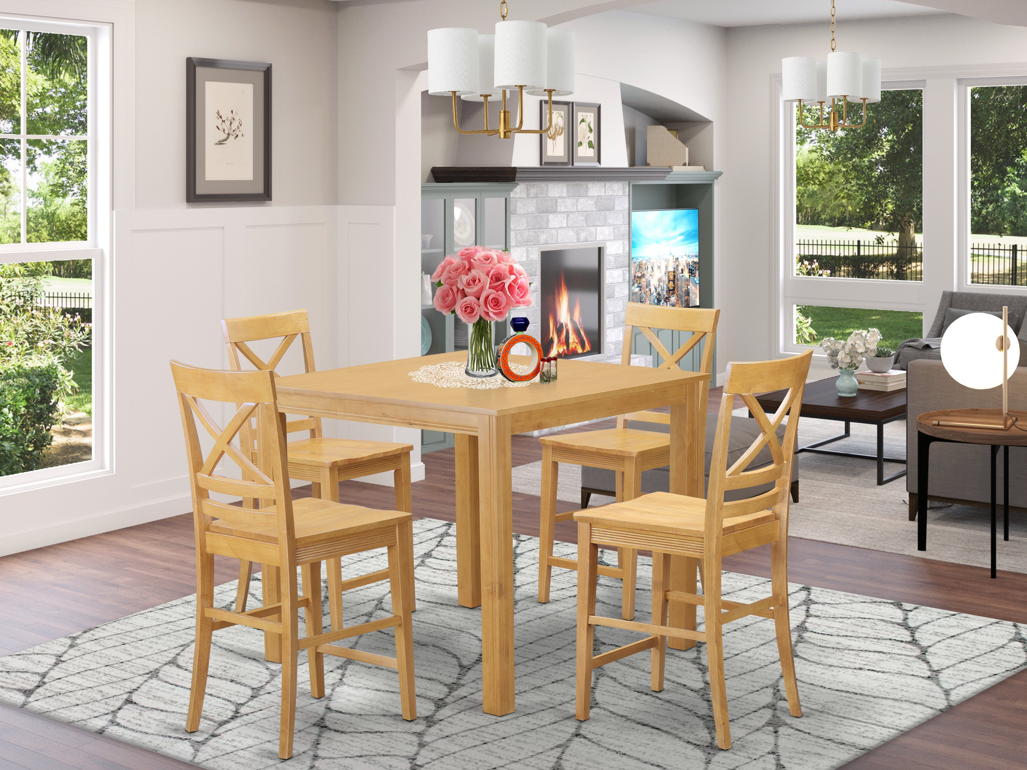 CFQU5-OAK-W 5 Pc counter height pub set - Dining Table and 4 bar stools.