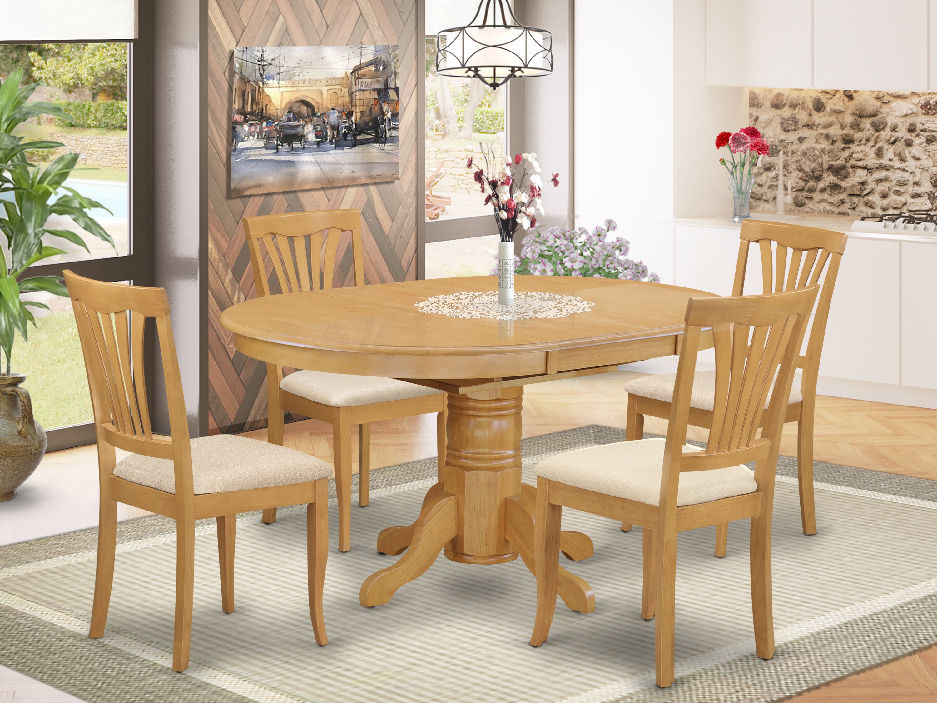 AVON5-OAK-C 5 Pc Dining room set-Oval Dining Table with Leaf and 4 Dining Chairs in Oak