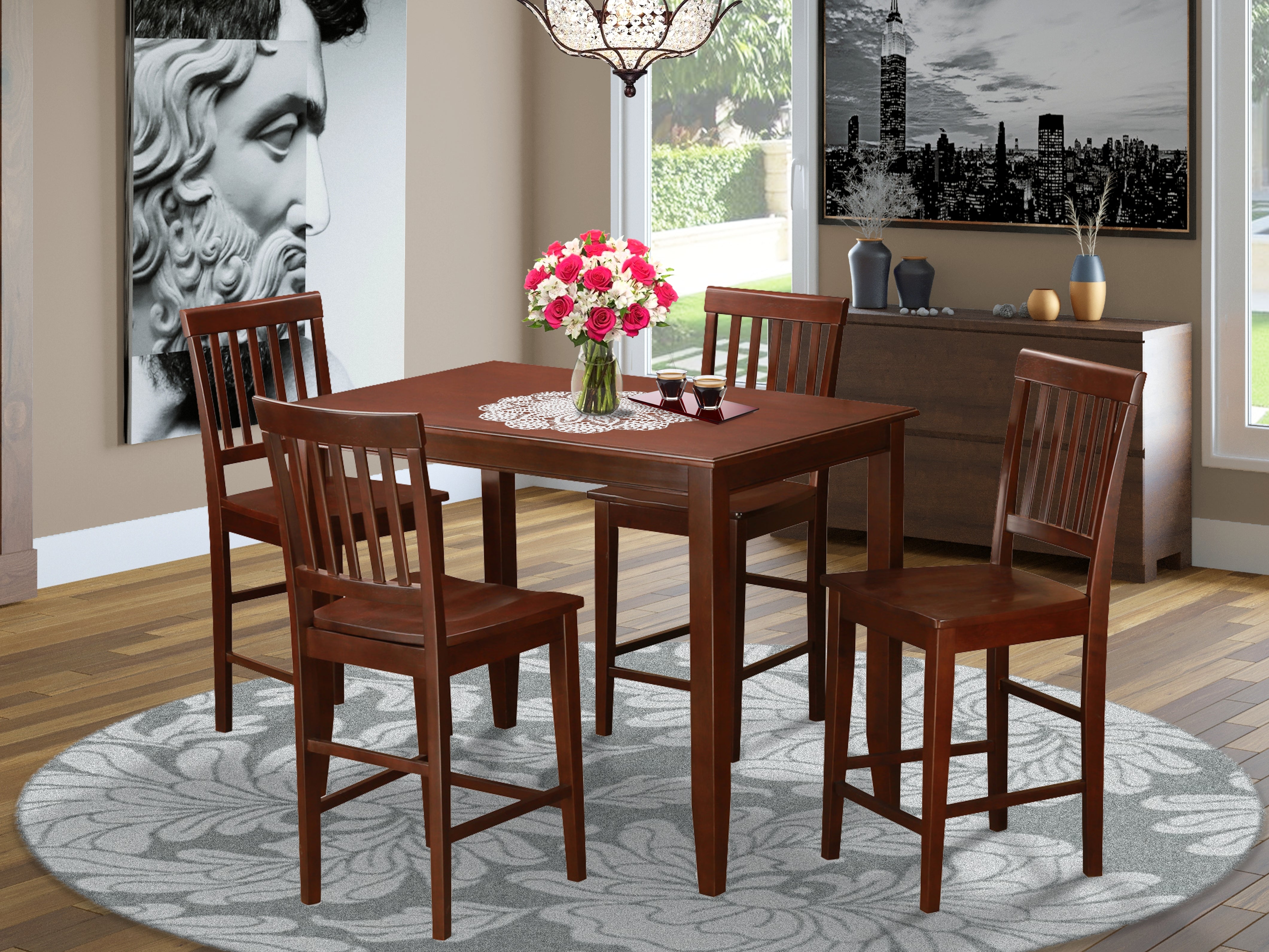 BUVN5-MAH-W 5 Pc counter height Dining set-high Table and 4 dinette Chairs.