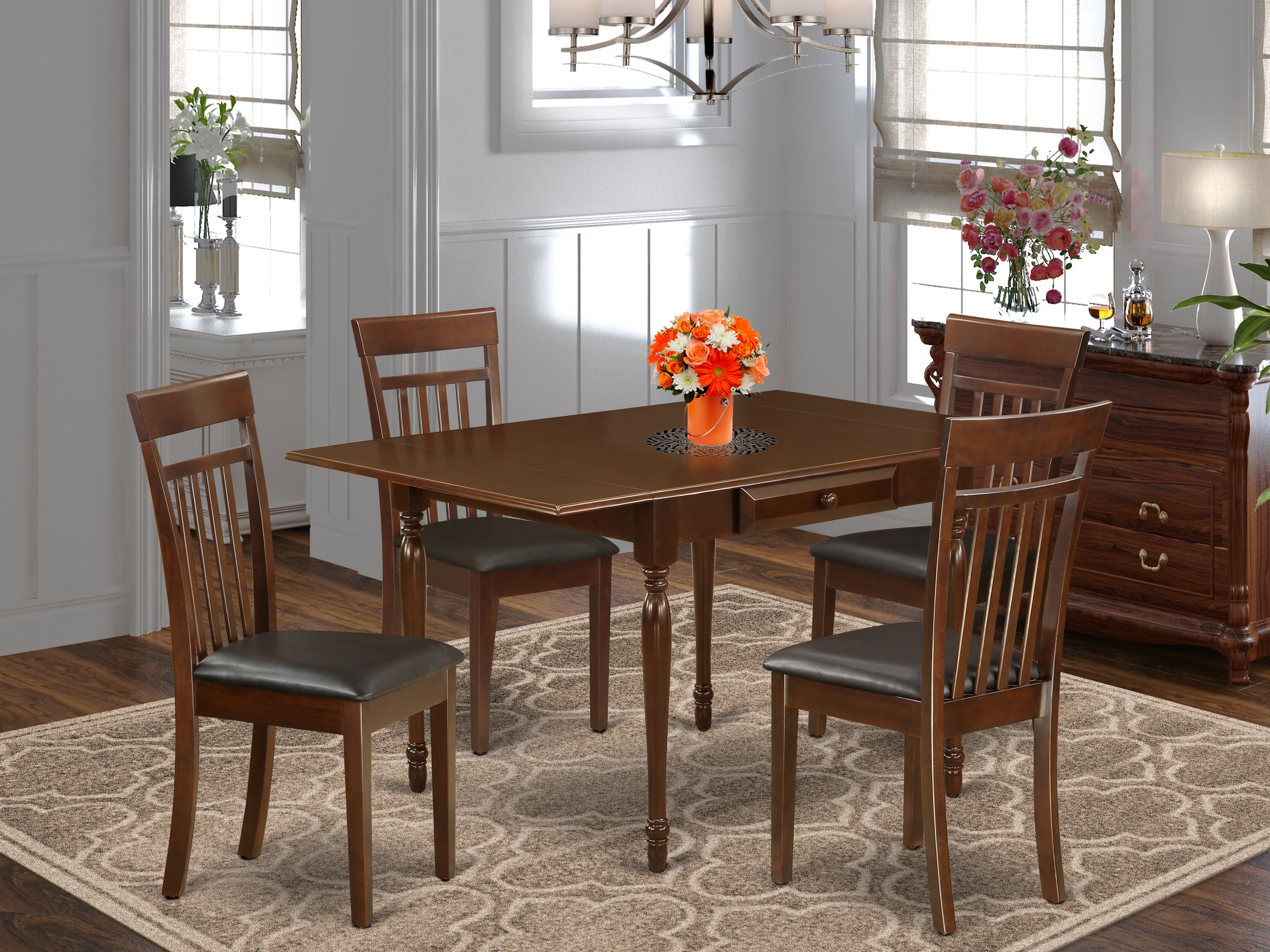 East West Furniture MZCA5-MAH-LC 5Pc Dining Table Set for 4 Offers a Rectangular Table and 4 Wooden Dining Chairs with Faux Leather Seat, Drop Leaf Table with Slat Back Chairs, Mahogany Finish