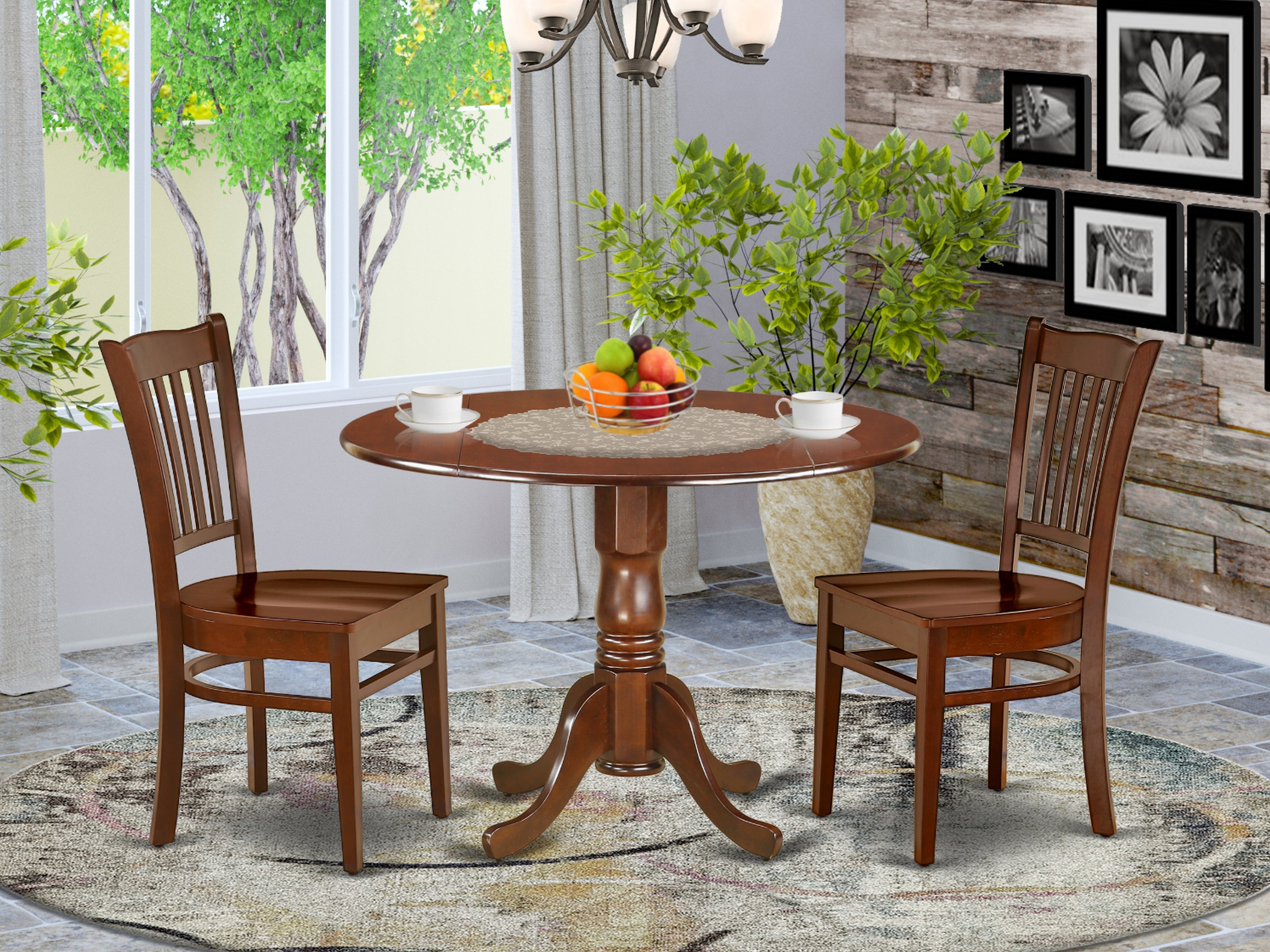 DLGR3-MAH-W 3Pc Round 42 Inch Dining Table With Two 9-Inch Drop Leaves And 2 Wood Seat Chairs