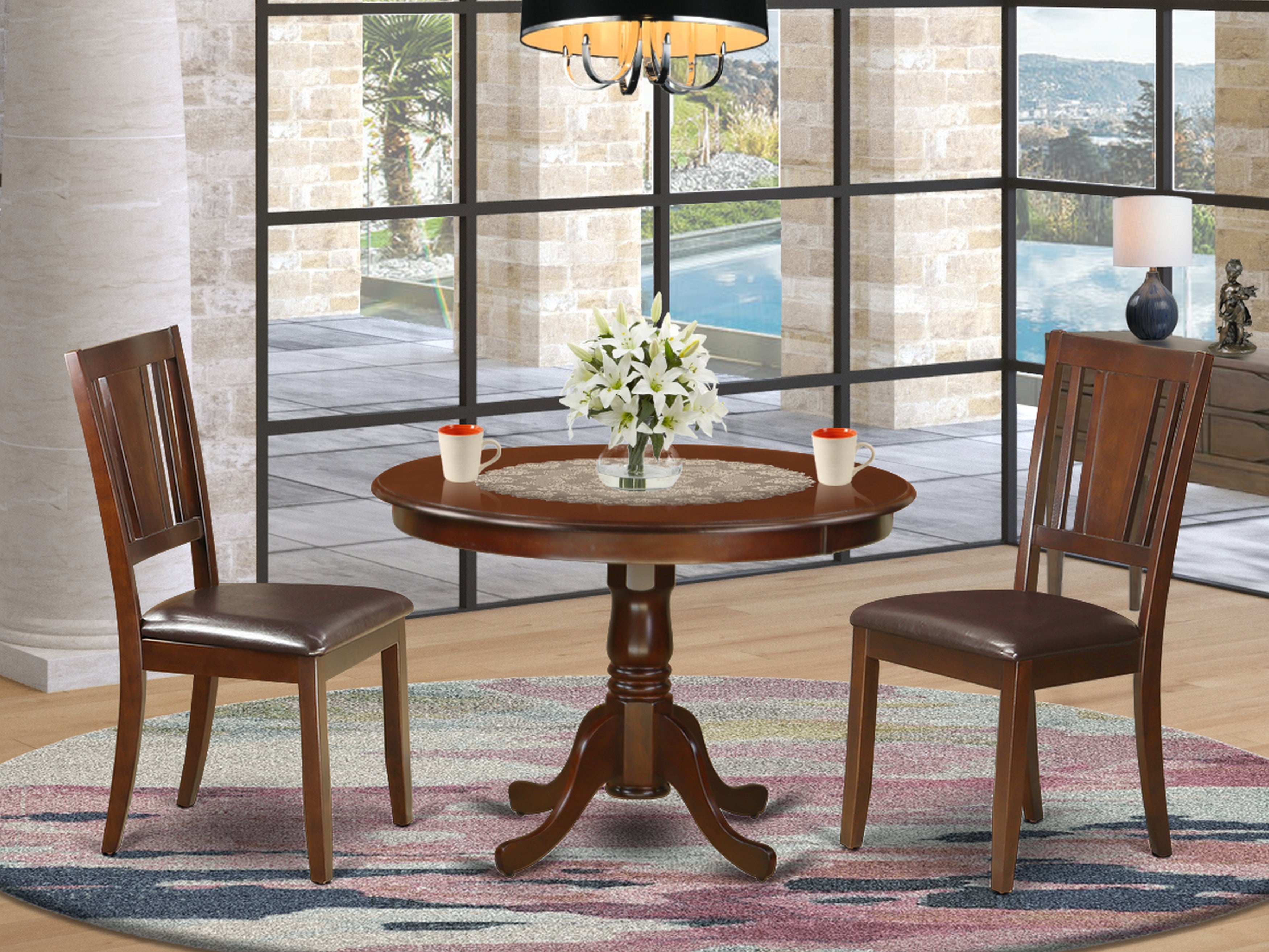 HLDU3-MAH-LC 3 Pc set with a Round Kitchen Table and 2 Leather Dinette Chairs in Mahogany