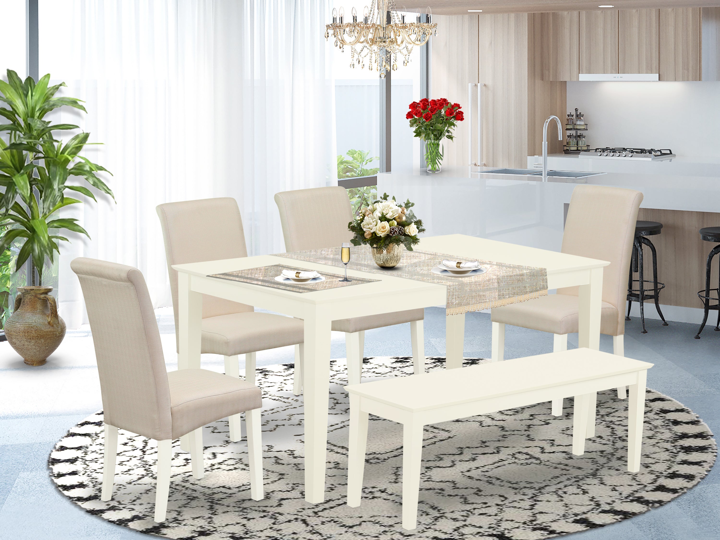 CABA6-LWH-01 6Pc Dining Set Includes a Rectangle Dinette Table and Four Parson Chairs with Cream Fabric and a Bench, Linen White Finish