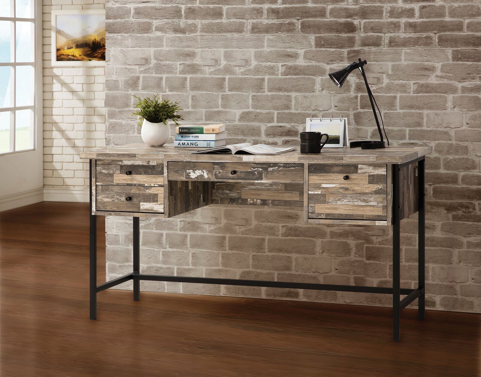 Kemper Home Office 4 Drawer Writing Desk, Salvaged Cabin and Black