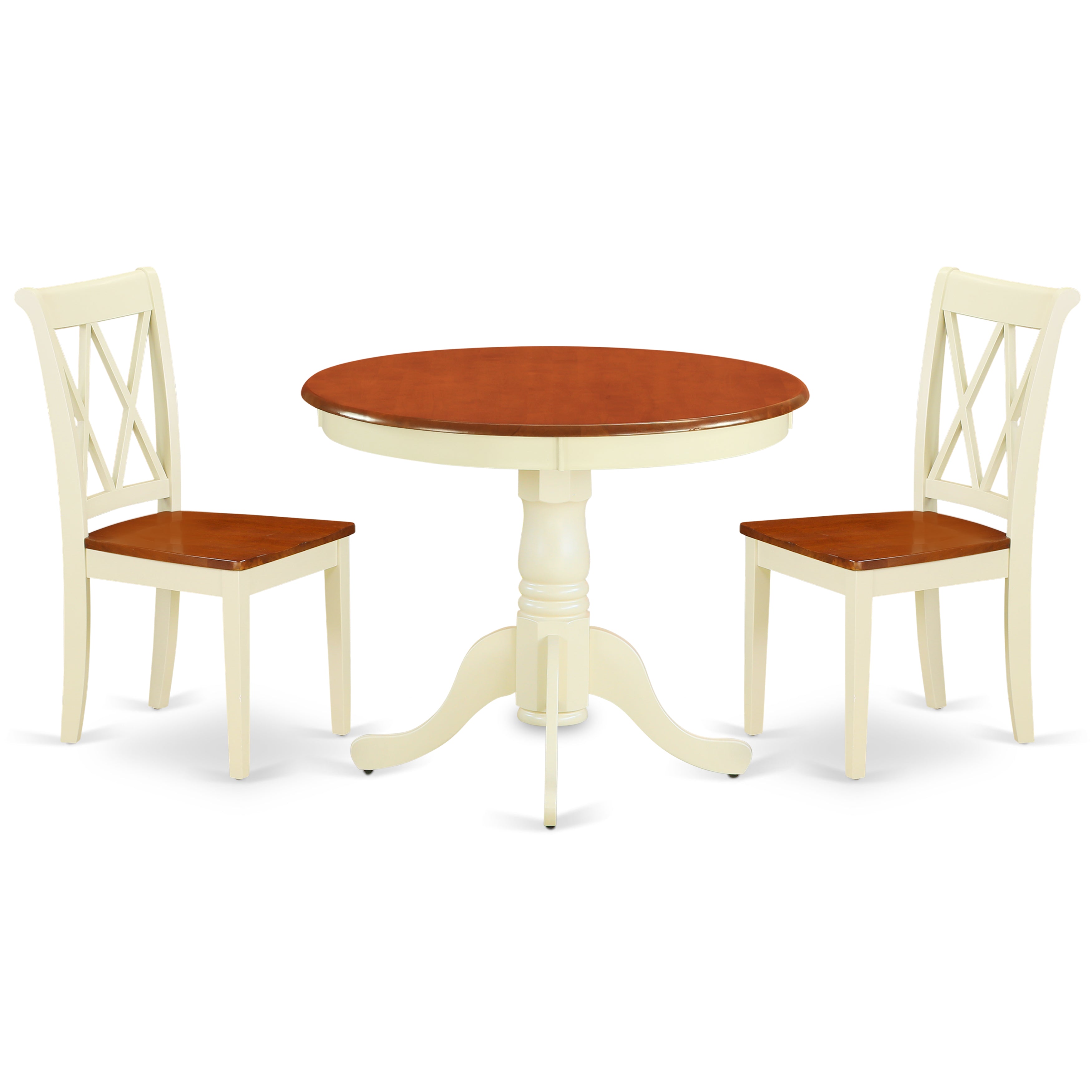 ANCL3-BMK-W 3PC Round 36 inch Table and 2 Double X back Chairs