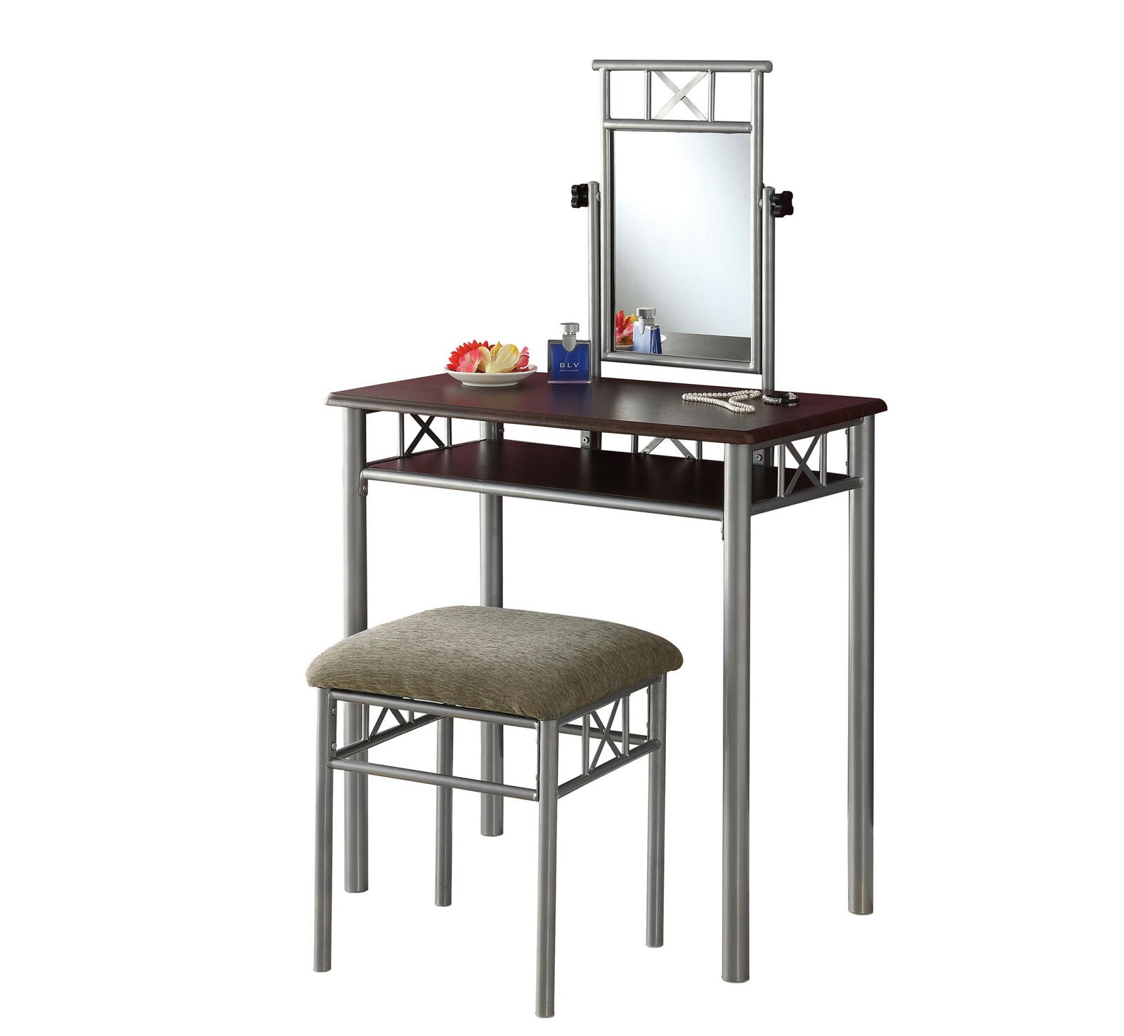 Monarch Metal Cappuccino Silver Makeup Vanity Dressing Table Set I3072