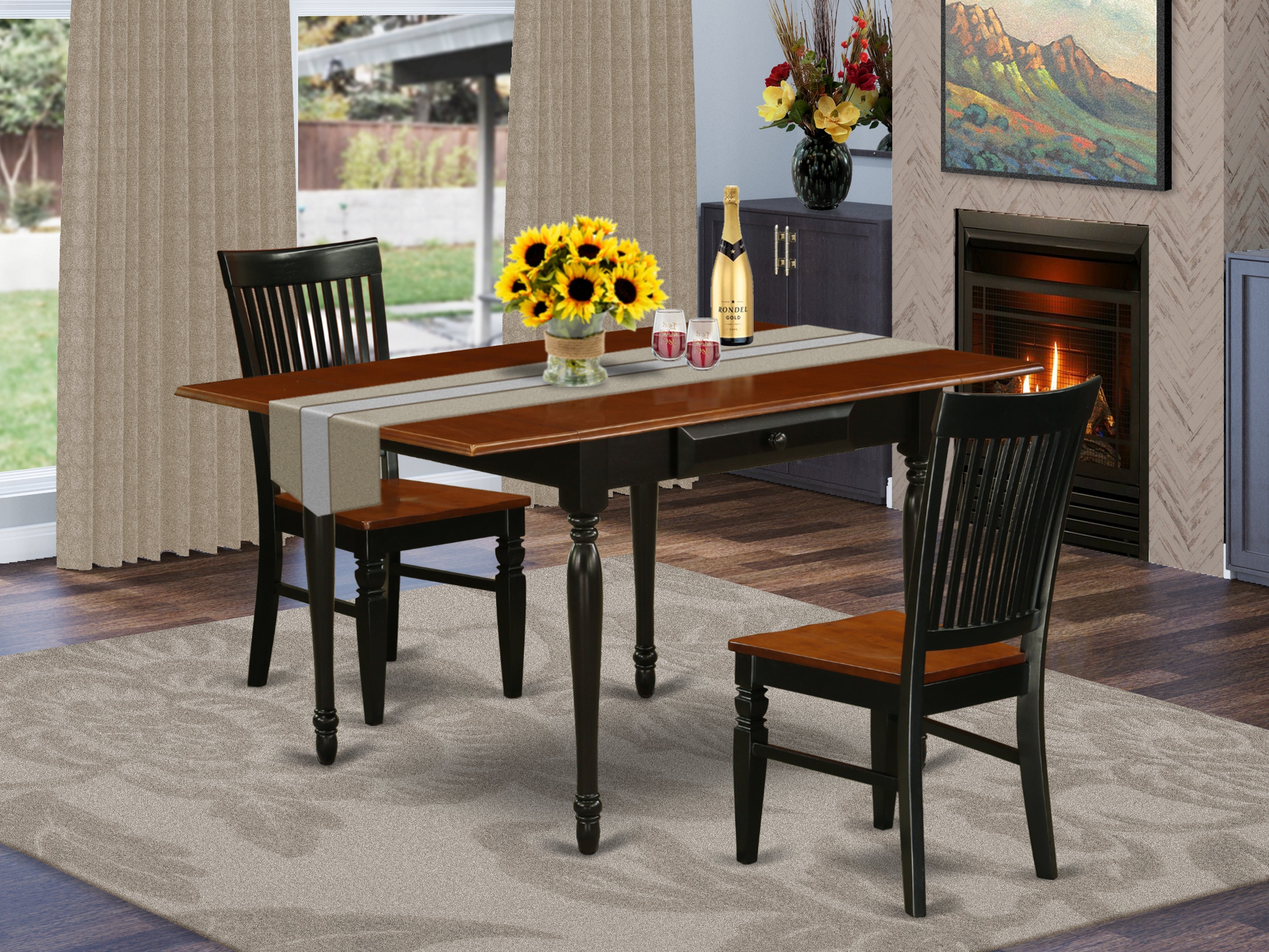 East West Furniture MZWE3-BCH-W 3 Pieces Dining Room Table set - Durable Two 9-Inch Drop Down Leaves Wooden Dining Room Table and 2 Hardwood Seat Dining Room Chairs, Black and Cherry Finish