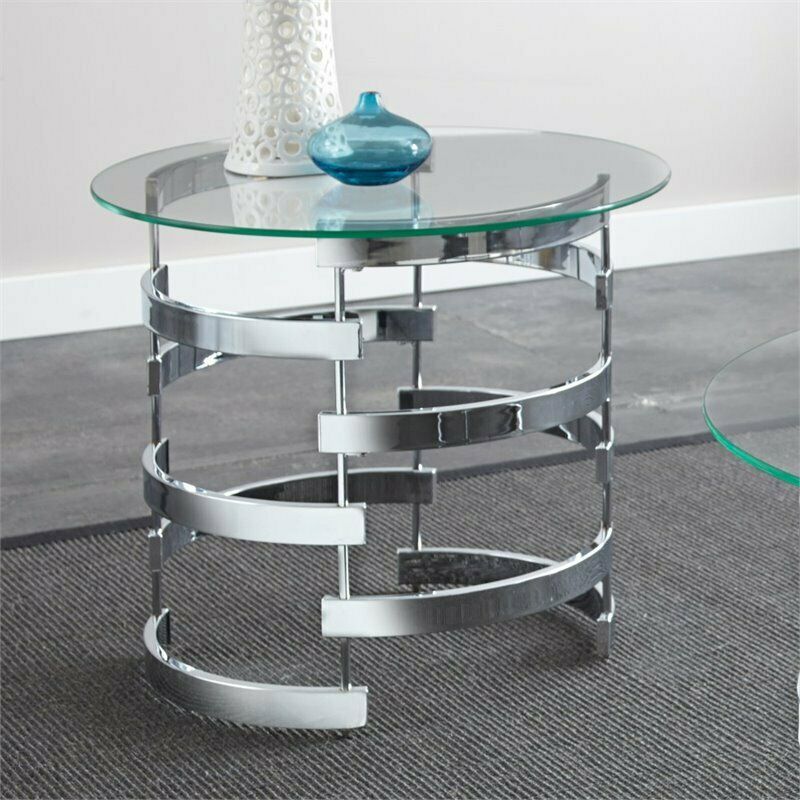 Steve Silver Tayside Rumfelt Round Glass Top End Table in Chrome