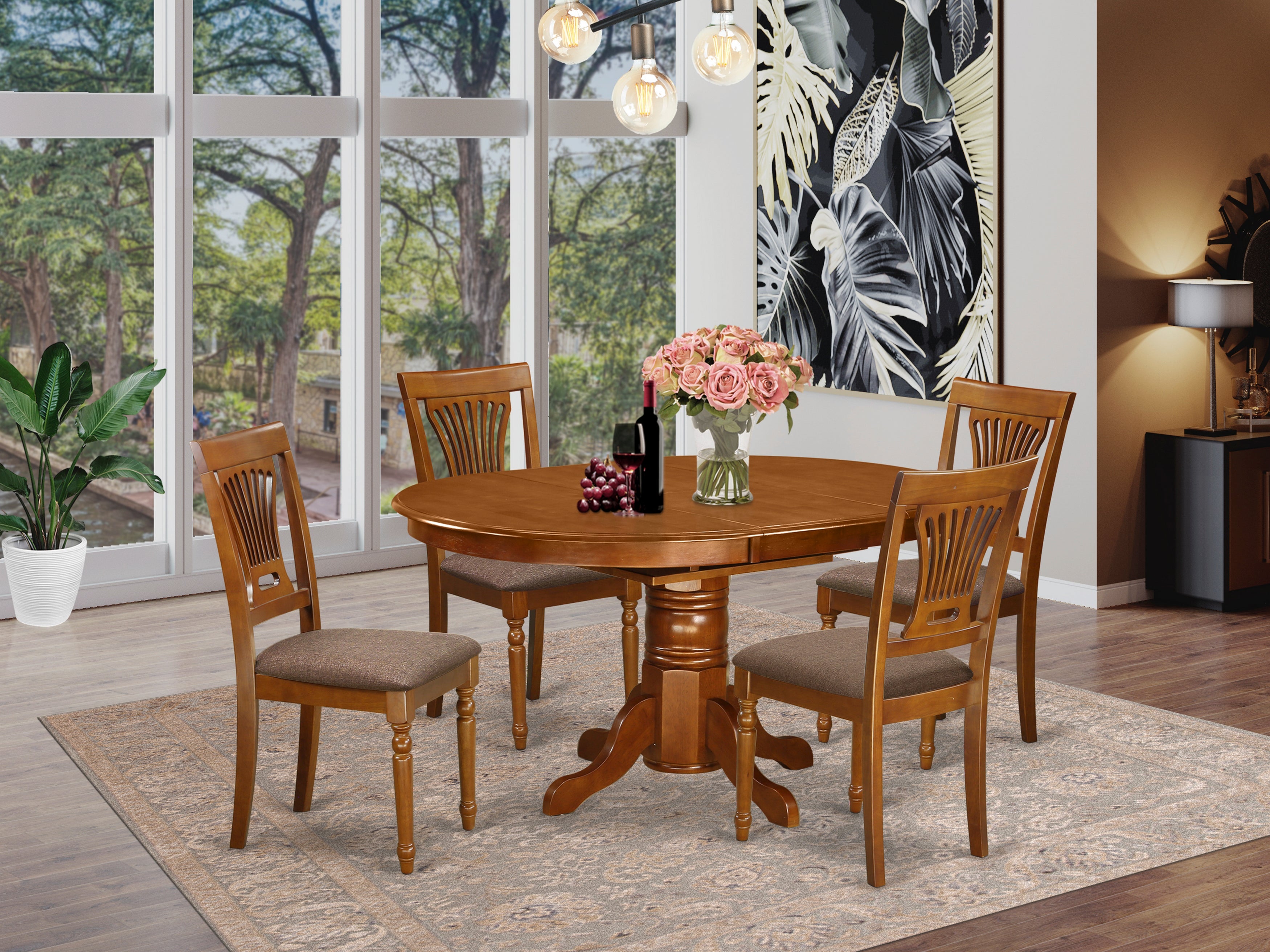 AVPL5-SBR-C 5 Pc set Avon offering Leaf and 4 Upholstered Kitchen Chairs in Saddle Brown