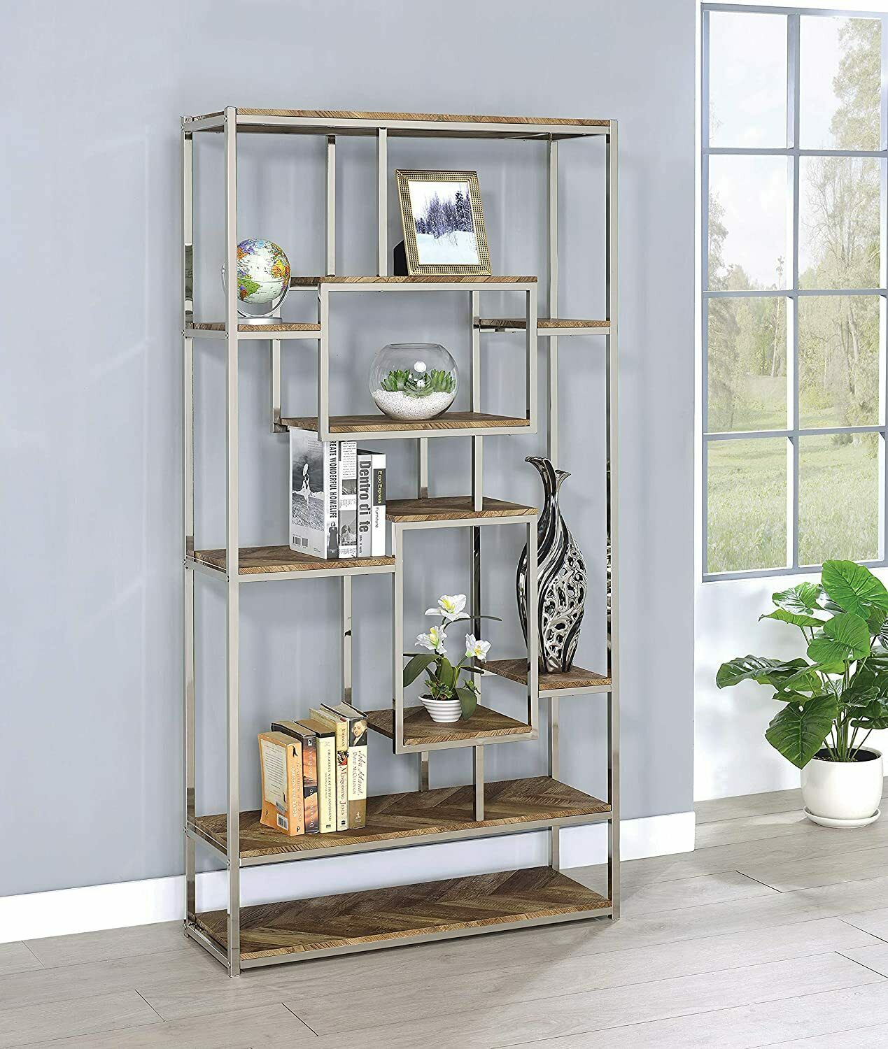 Felsberg 10-Shelf Bookcase Rustic Tobacco Herringbone and Nickel