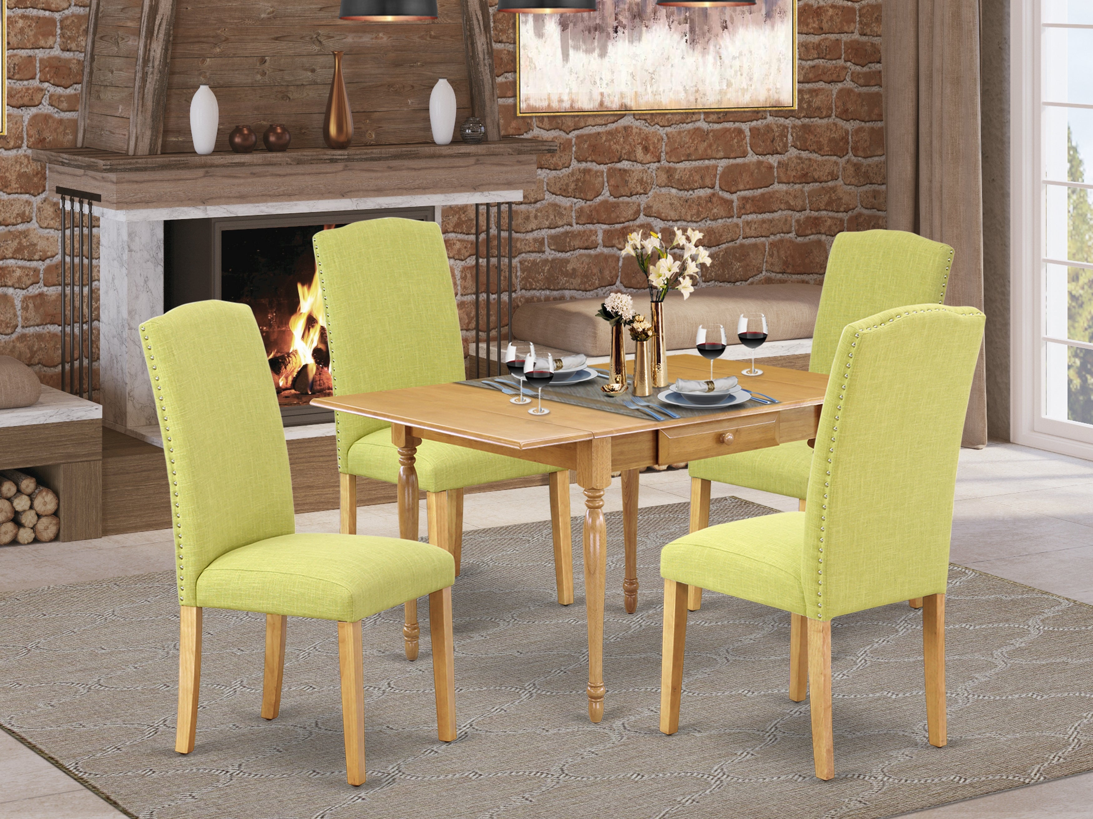 East West Furniture MZEN5-OAK-07 5Pc Dining Room Table Set Consists of a Small Dining Table and 4 Parson Chairs with Limelight Color Linen Fabric, Drop Leaf Table with Full Back Chairs, Oak Finish