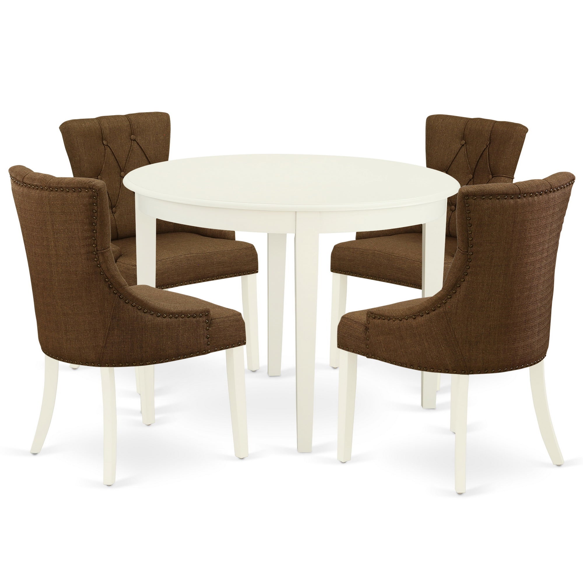 BOFR5-WHI-18 5Pc Dining Set Includes a Small Round Dinette Table and Four Parson Chairs with Dark Coffee Fabric, White Finish