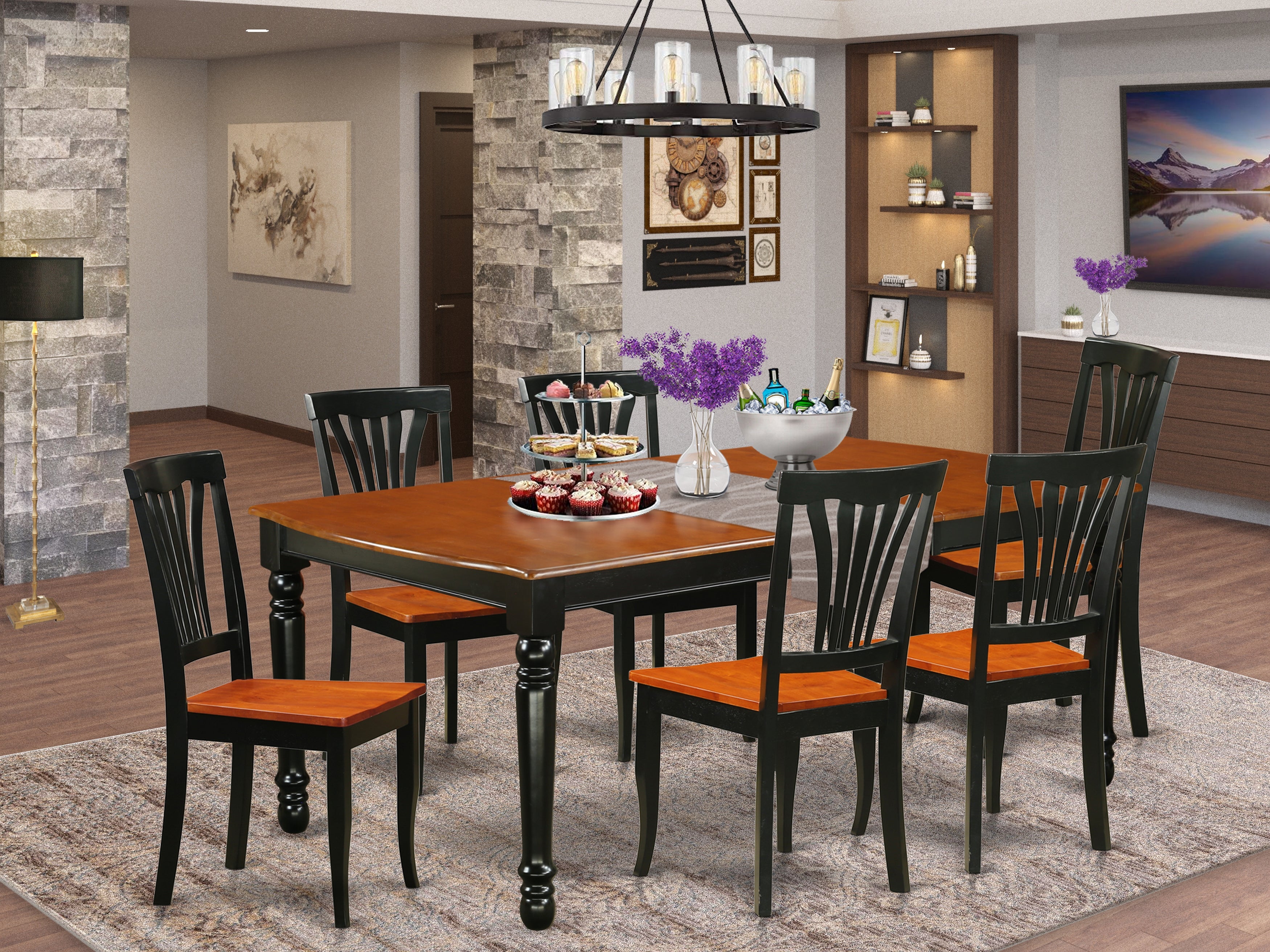 DOAV7-BCH-W 7-Piece table and chair set with one Dover dining room table and 6 dining room chairs in a Black and Cherry Finish
