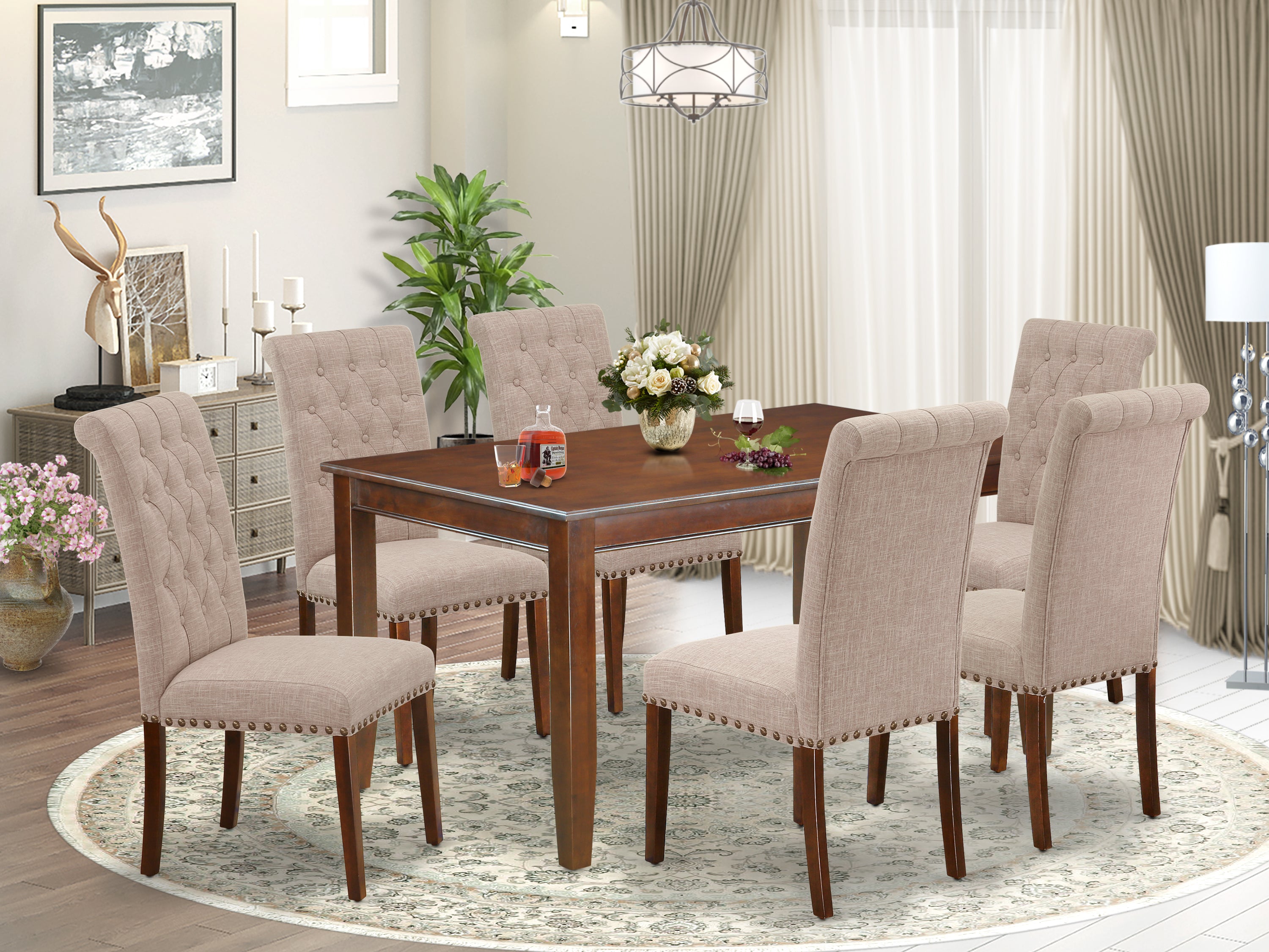 DUBR7-MAH-04 7Pc Dinette Set Includes a Rectangular Kitchen Table and Six Parson Chairs with Light Fawn Fabric, Mahogany Finish