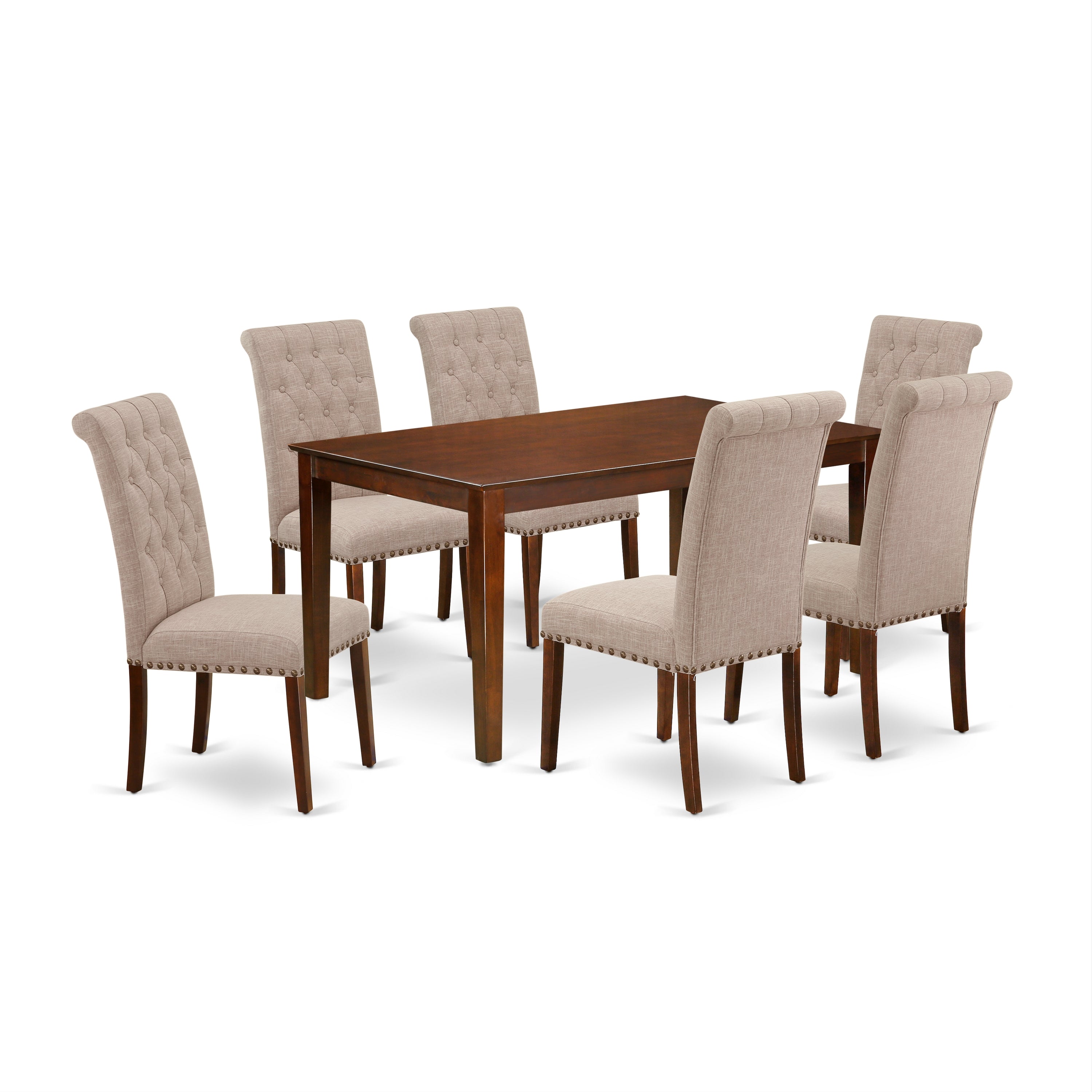 CABR7-MAH-04 7Pc Dinette Set Includes a Rectangular Kitchen Table and Six Parson Chairs with Light Fawn Fabric, Mahogany Finish