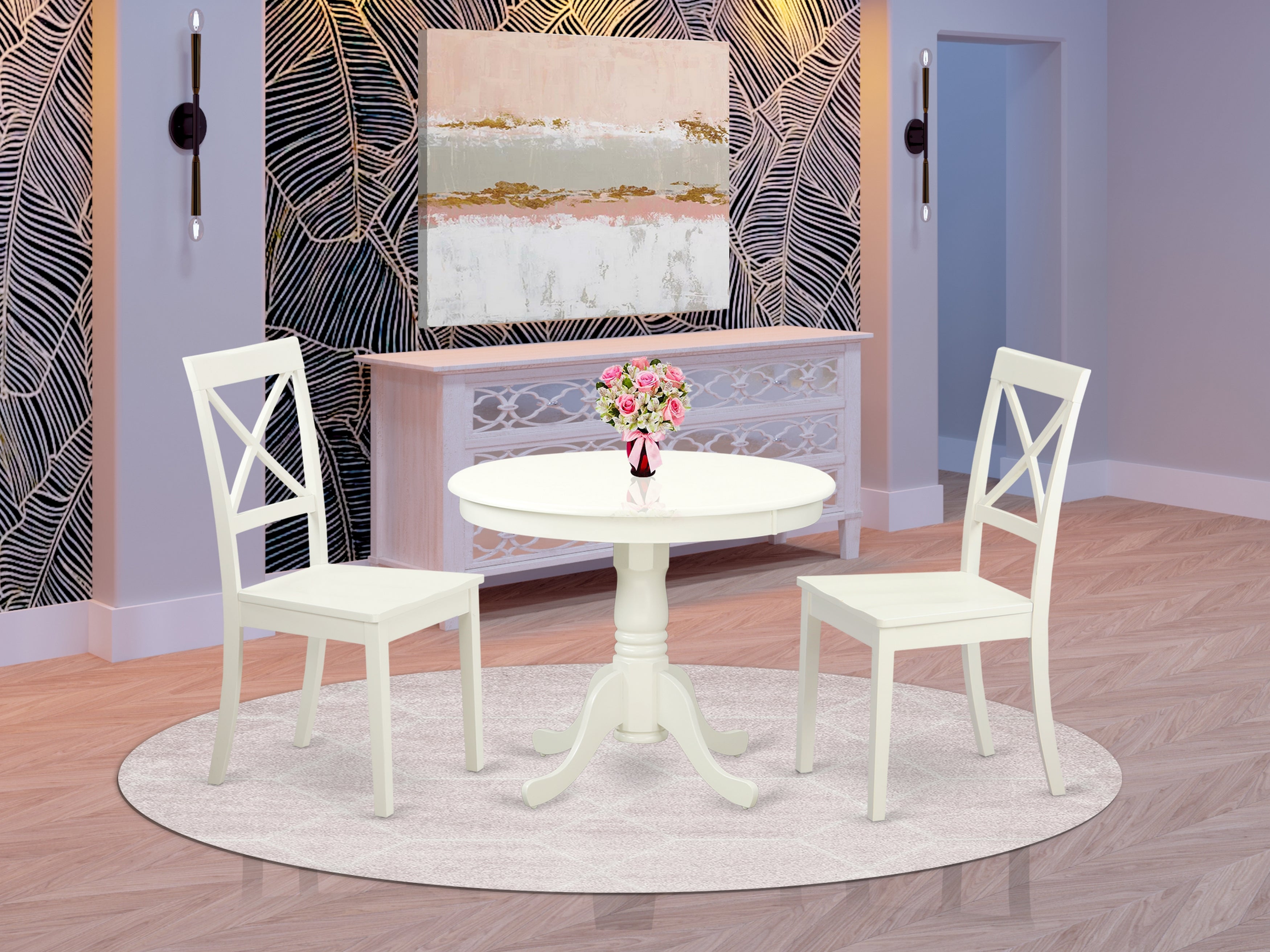 ANBO3-LWH-W 3 Pc set-Table and 2 Wood Kitchen Chairs in Linen White .