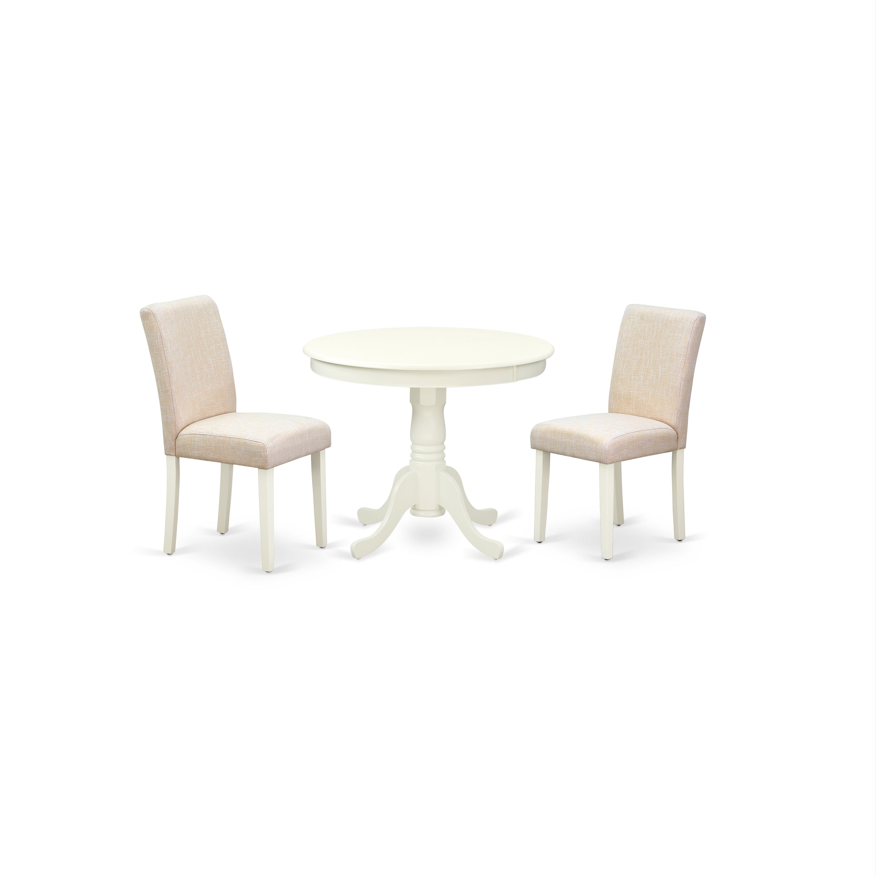 ANAB3-LWH-02 3Pc Round 36 Inch Dinette Table And Two Parson Chair With Linen White Leg And Linen Fabric Light Beige