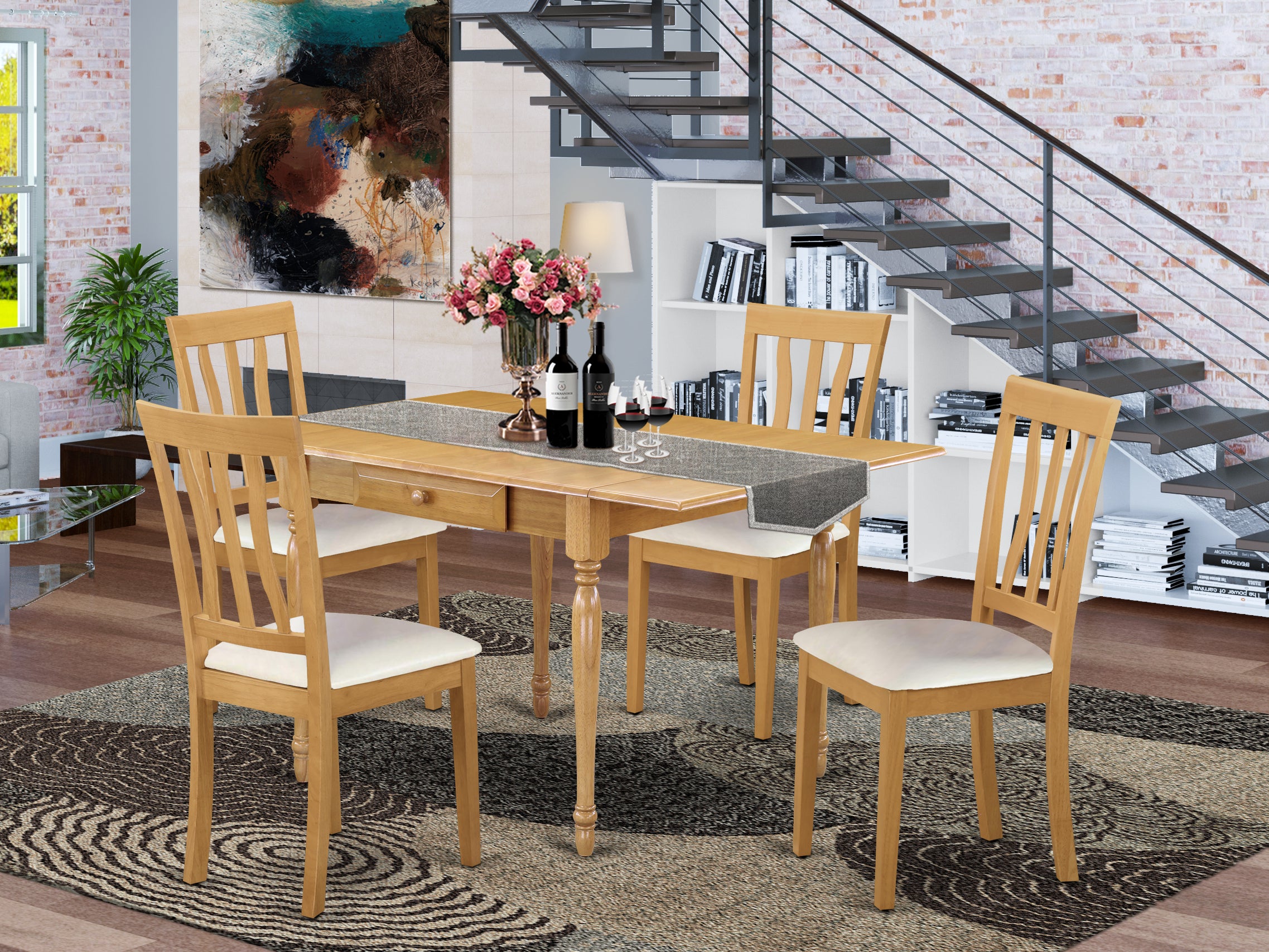 East West Furniture MZAN5-OAK-LC 5Pc Wood Dining Table Set Includes a Wood Dining Table and 4 Wooden Dining Chairs with Faux Leather Seat, Drop Leaf Table with Slat Back Chairs, Oak Finish