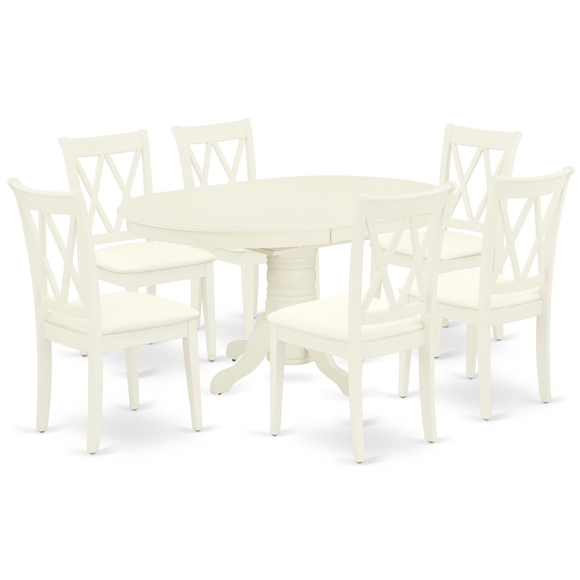 AVCL7-LWH-C 7Pc Dinette Set Includes an Oval Kitchen Table with Butterfly Leaf and Six Double X Back Microfiber Seat Dining Chairs, Linen White Finish