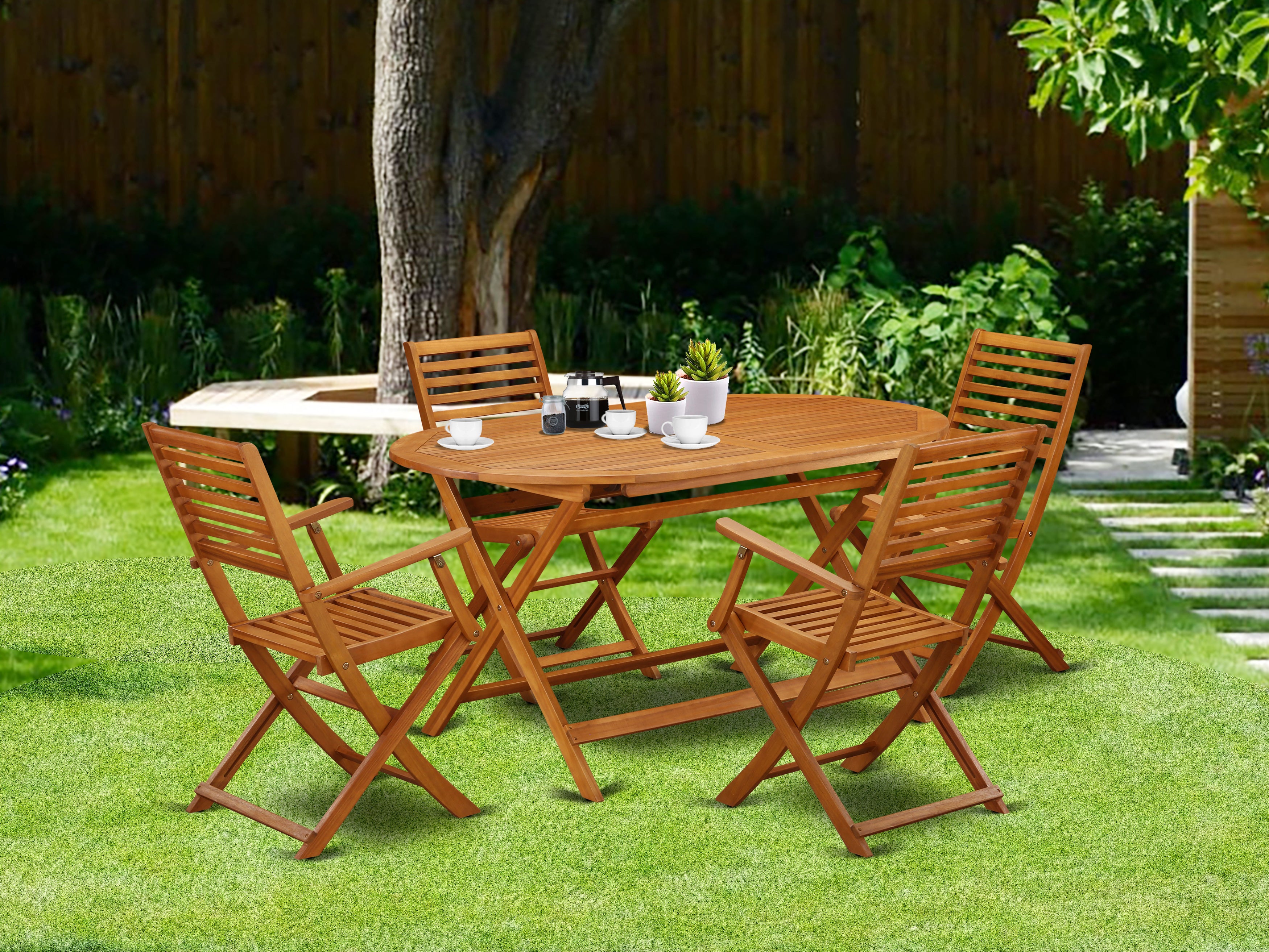 DIBS5CANA This 5 Piece Acacia Wooden Balcony Sets includes a single Outdoor-Furniture table and 4 foldable Outdoor-Furniture chairs