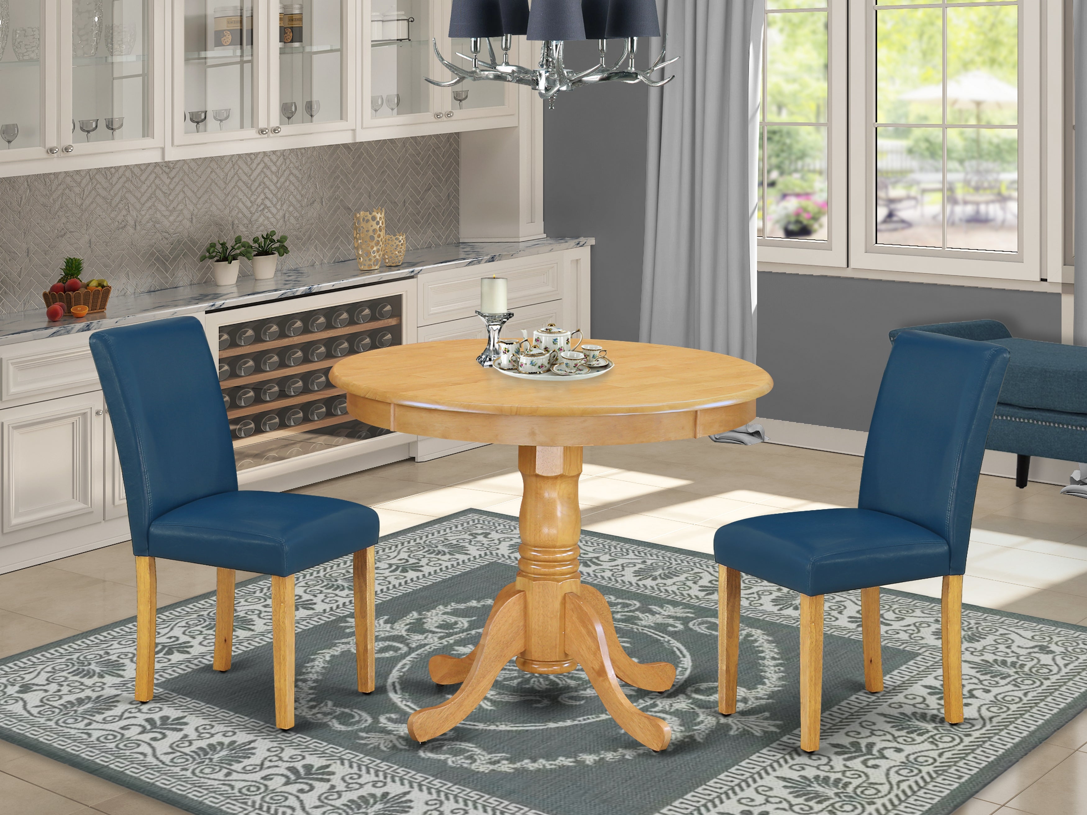 ANAB3-OAK-55 3Pc Rounded 36 Inch Dinette Table And Two Parson Chair With Oak Leg And Pu Leather Color Oasis