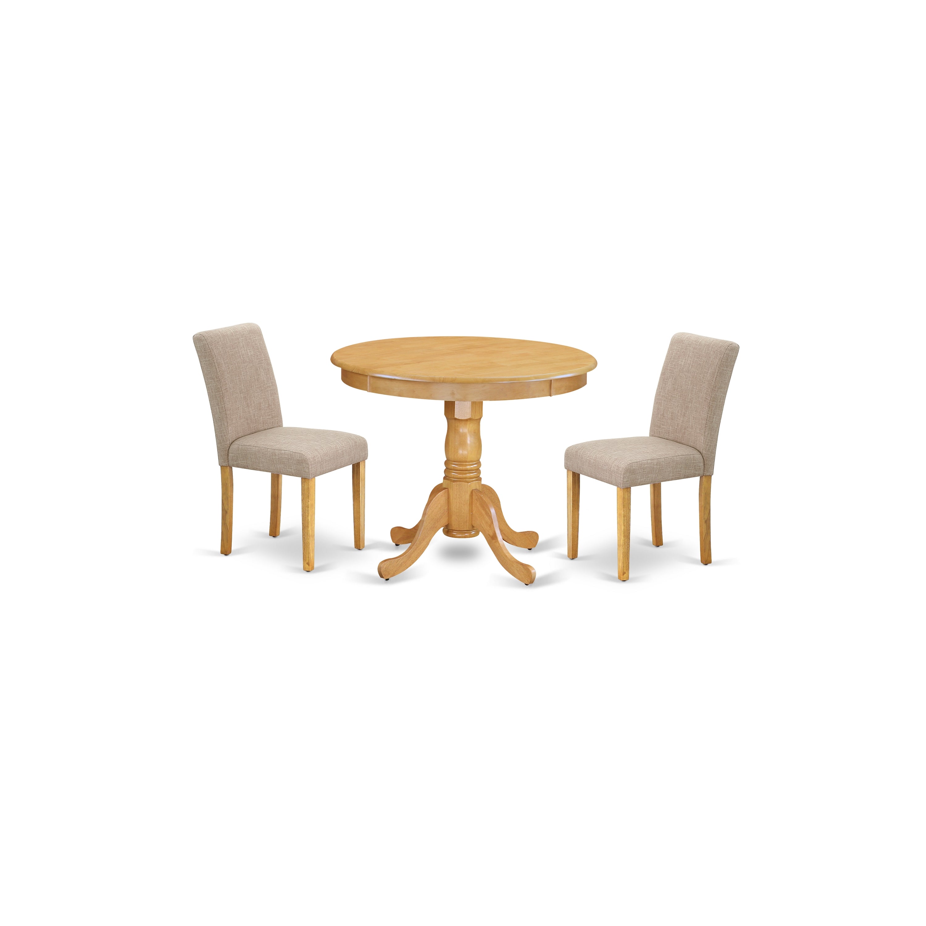 ANAB3-OAK-04 3Pc Rounded 36 Inch Dinette Table And Two Parson Chair With Oak Leg And Linen Fabric Light Fawn