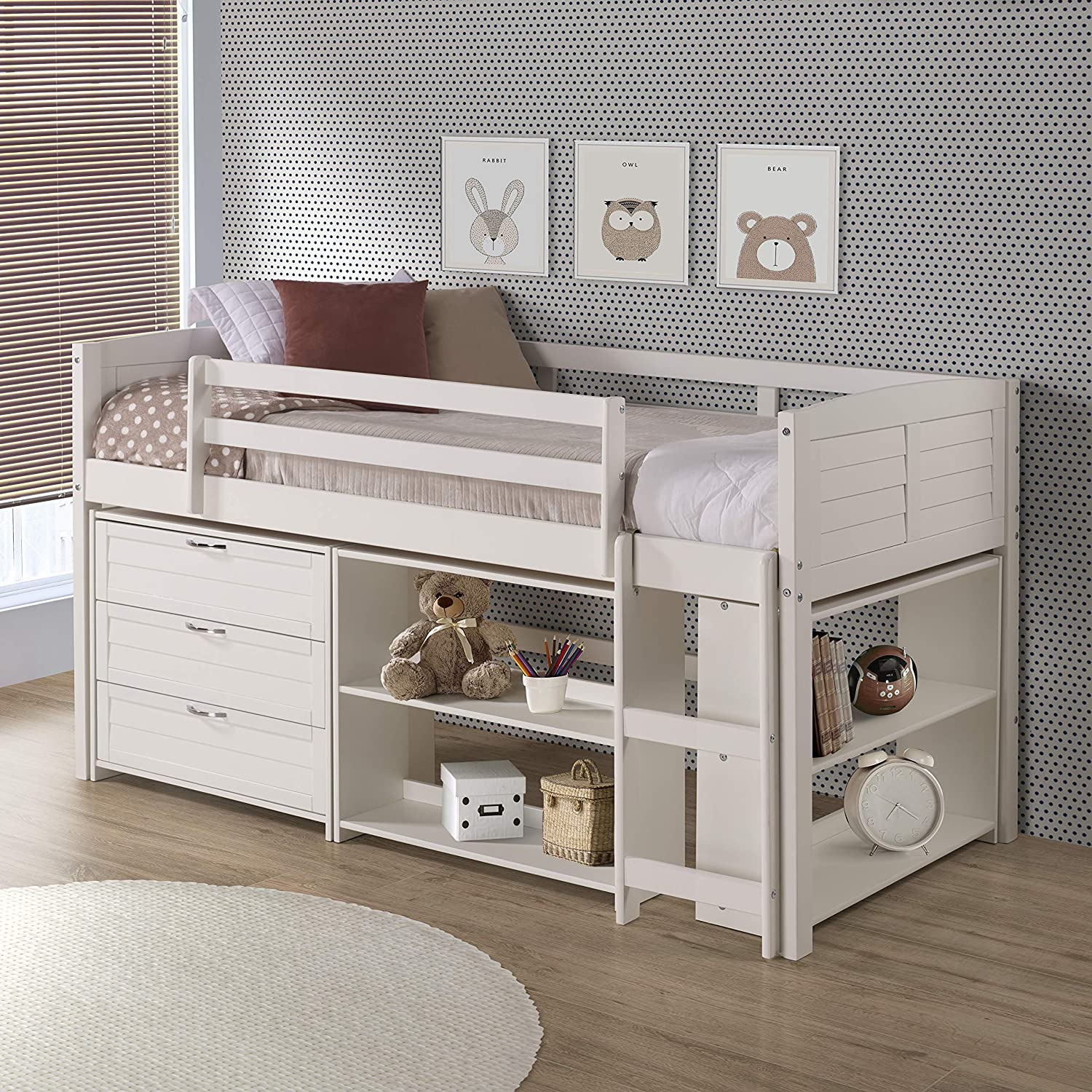 White Twin Louver Low Loft Bed with 3-Drawer Chest and 2-Sets of Shelves