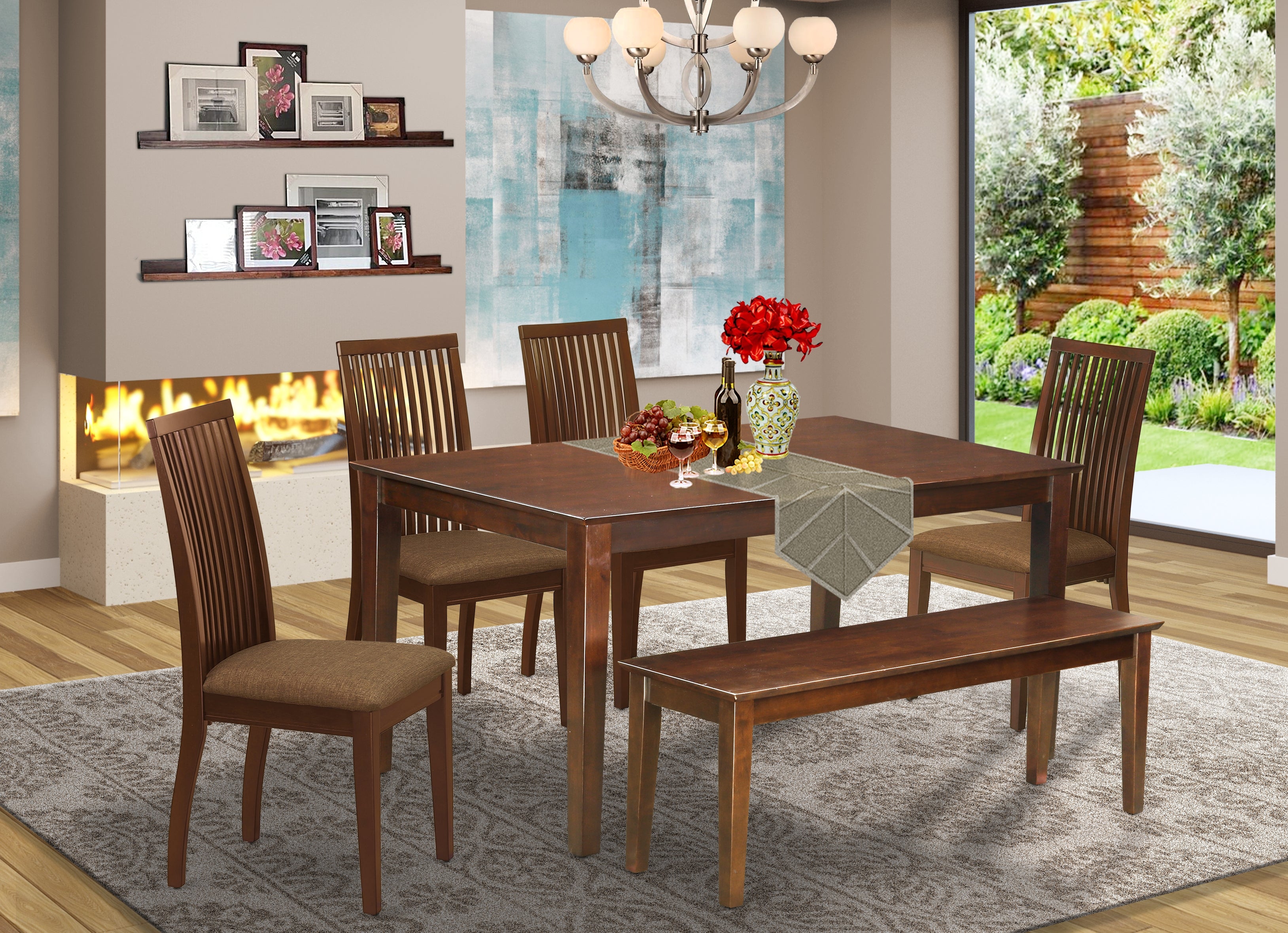 CAIP6-MAH-C 6Pc Dining Set Includes a Rectangle Dinette Table and Four Microfiber Seat Dining Chairs and a Bench, Mahogany Finish