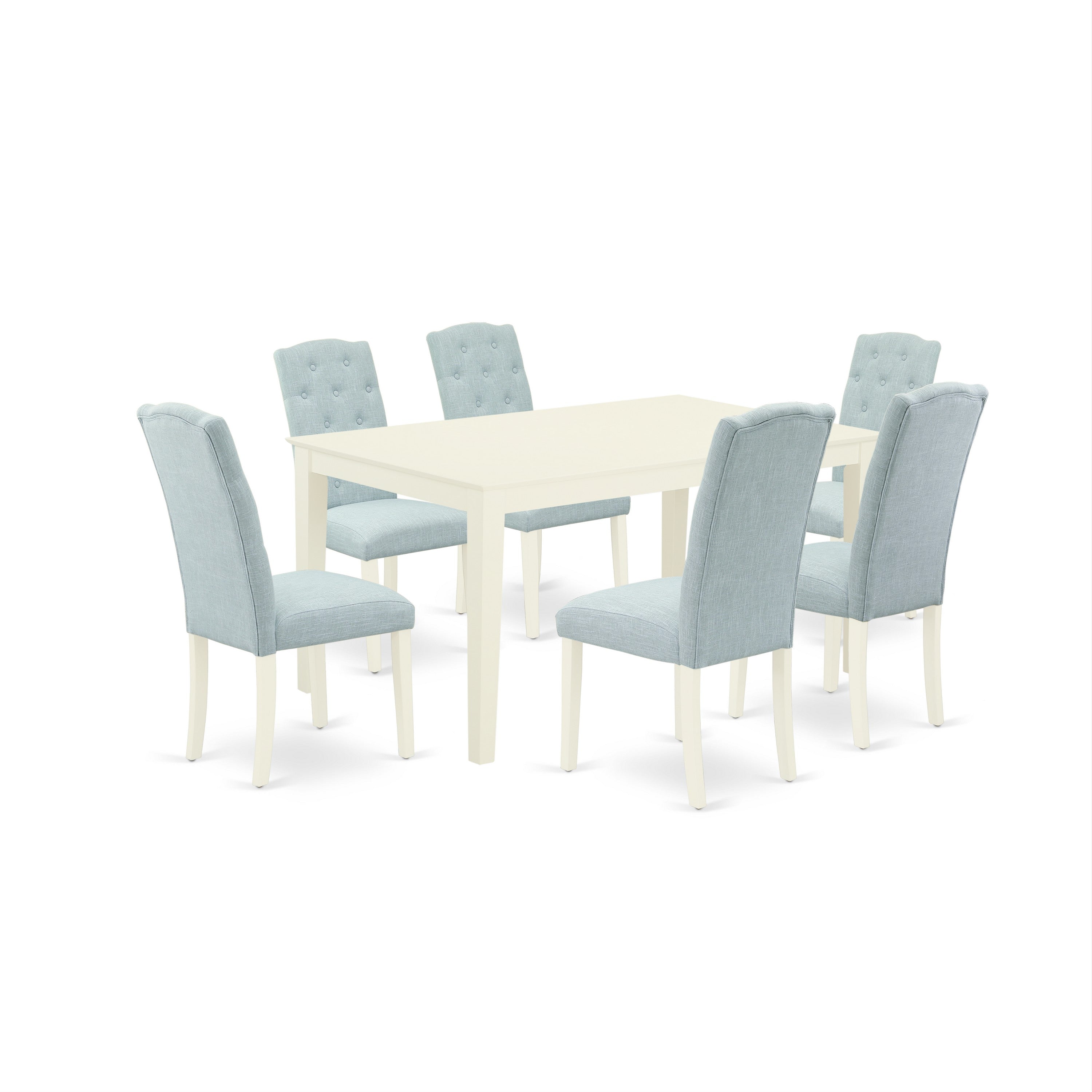 CACE7-LWH-15 7Pc Dinette Set Includes a Rectangular Kitchen Table and Six Parson Chairs with Baby Blue Fabric, Linen White Finish