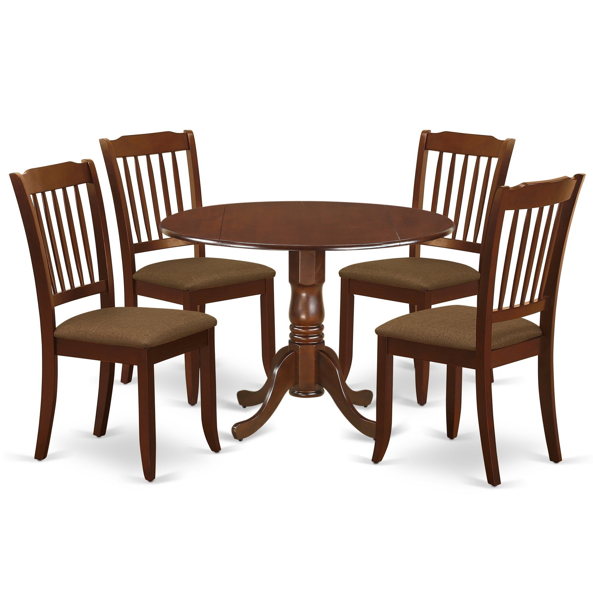 DLDA5-MAH-C 5Pc Dining Set Includes a Round Dinette Table with Drop Leaves and Four Vertical Slatted Microfiber Seat Kitchen Chairs, Mahogany Finish