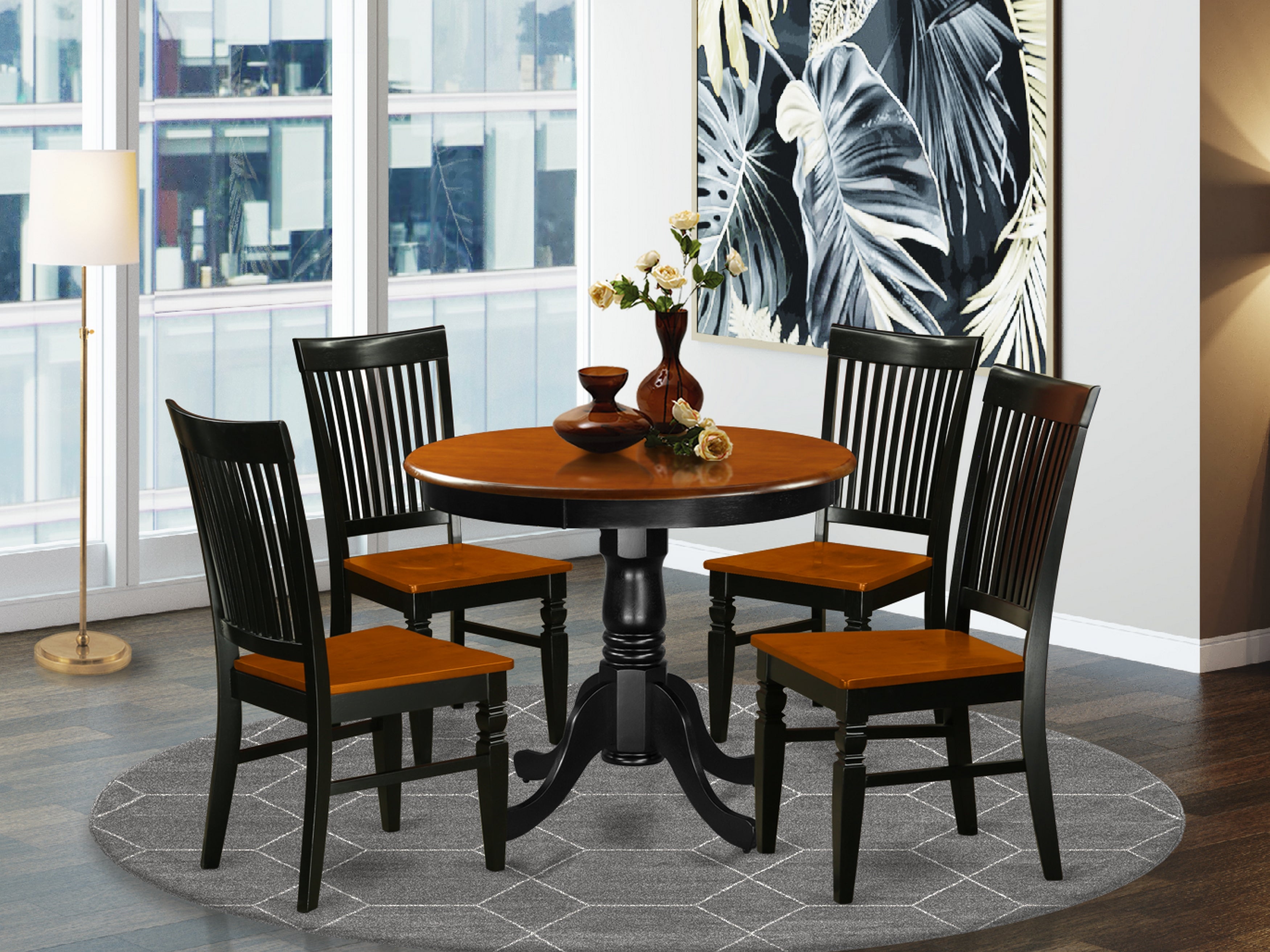 ANWE5-BCH-W 5 Pc Kitchen table set with a Dining Table and 4 Wood Seat Kitchen Chairs in Black and Cherry