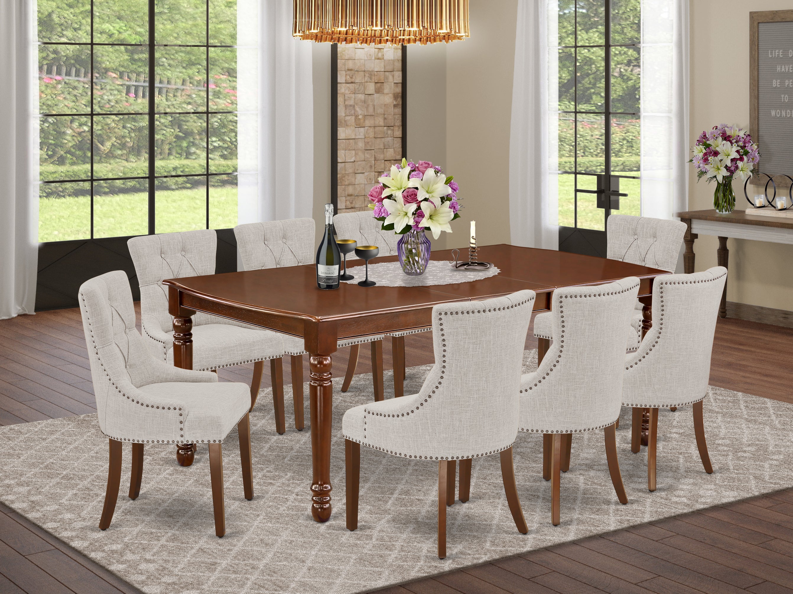 DOFR9-MAH-05 9Pc Dining Set Includes a Rectangle Dinette Table with Butterfly Leaf and Eight Parson Chairs with Doeskin Fabric, Mahogany Finish