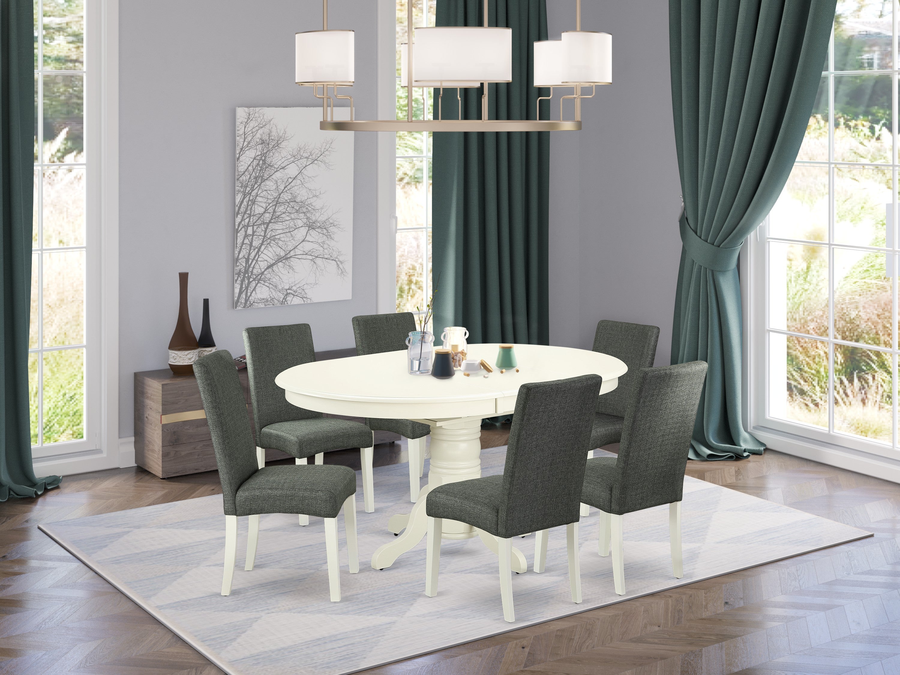 AVDR7-LWH-07 7Pc Oval 42/60" Dinette Table With 18 In Butterfly Leaf And 6 Parson Chair With Linen White Finish Leg And Linen Fabric- Gray Color